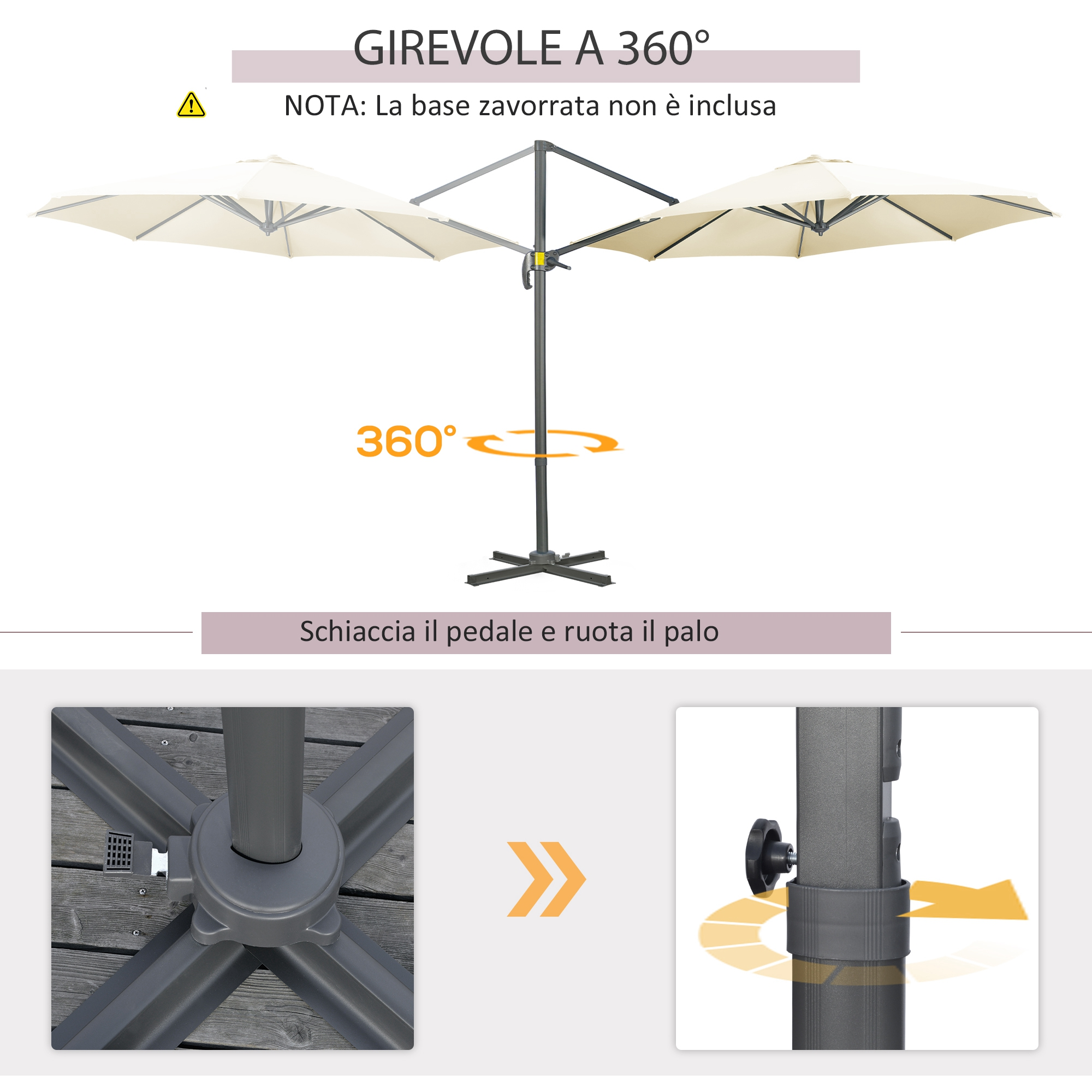 Un ombrellone doppio beige, rotazione 360 gradi. Base non inclusa.