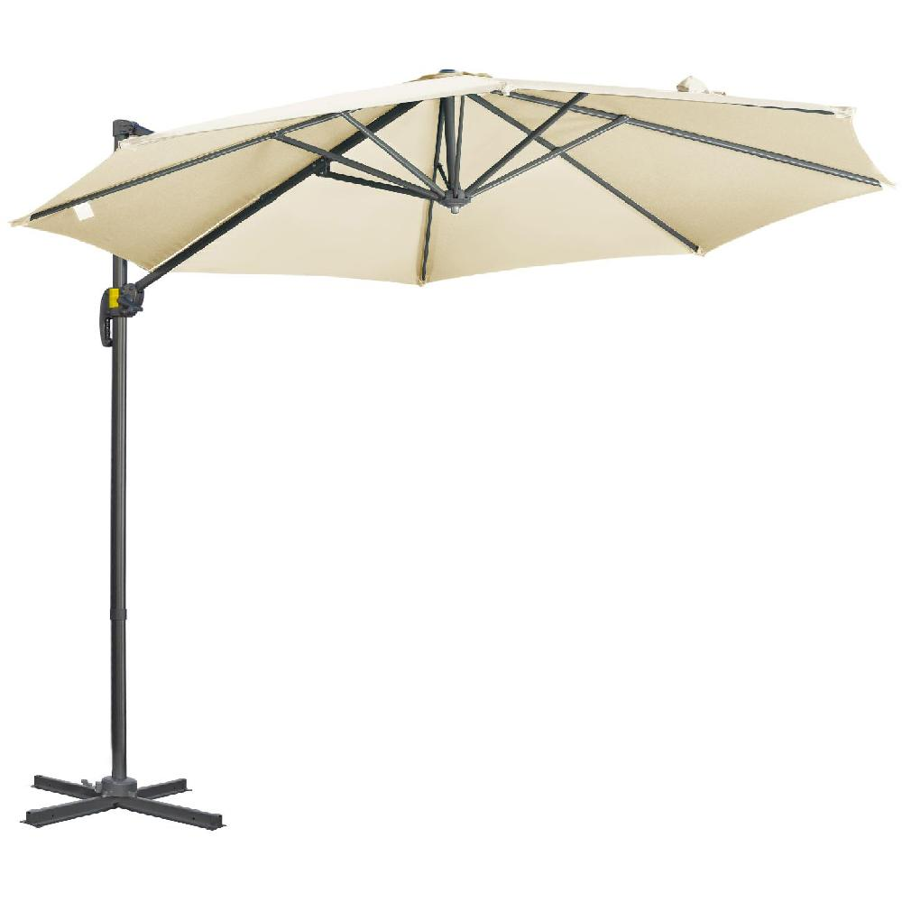 Ombrellone da esterno beige con supporto in metallo nero, su sfondo bianco.