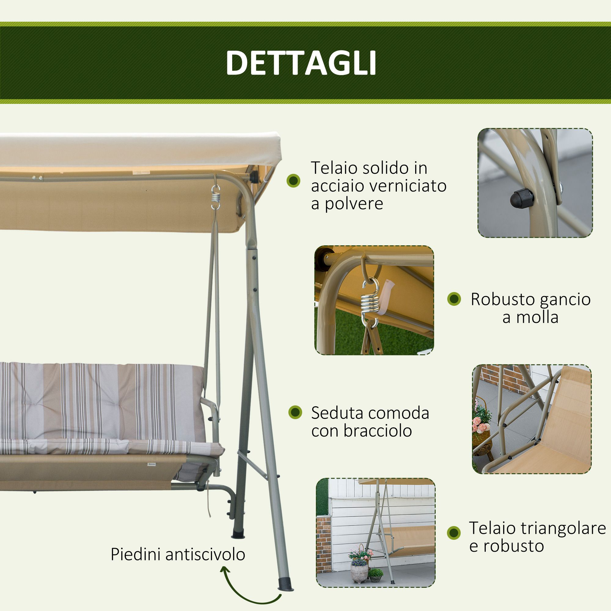 Altalena da giardino con seduta imbottita, telaio robusto, gancio a molla e piedini antiscivolo.