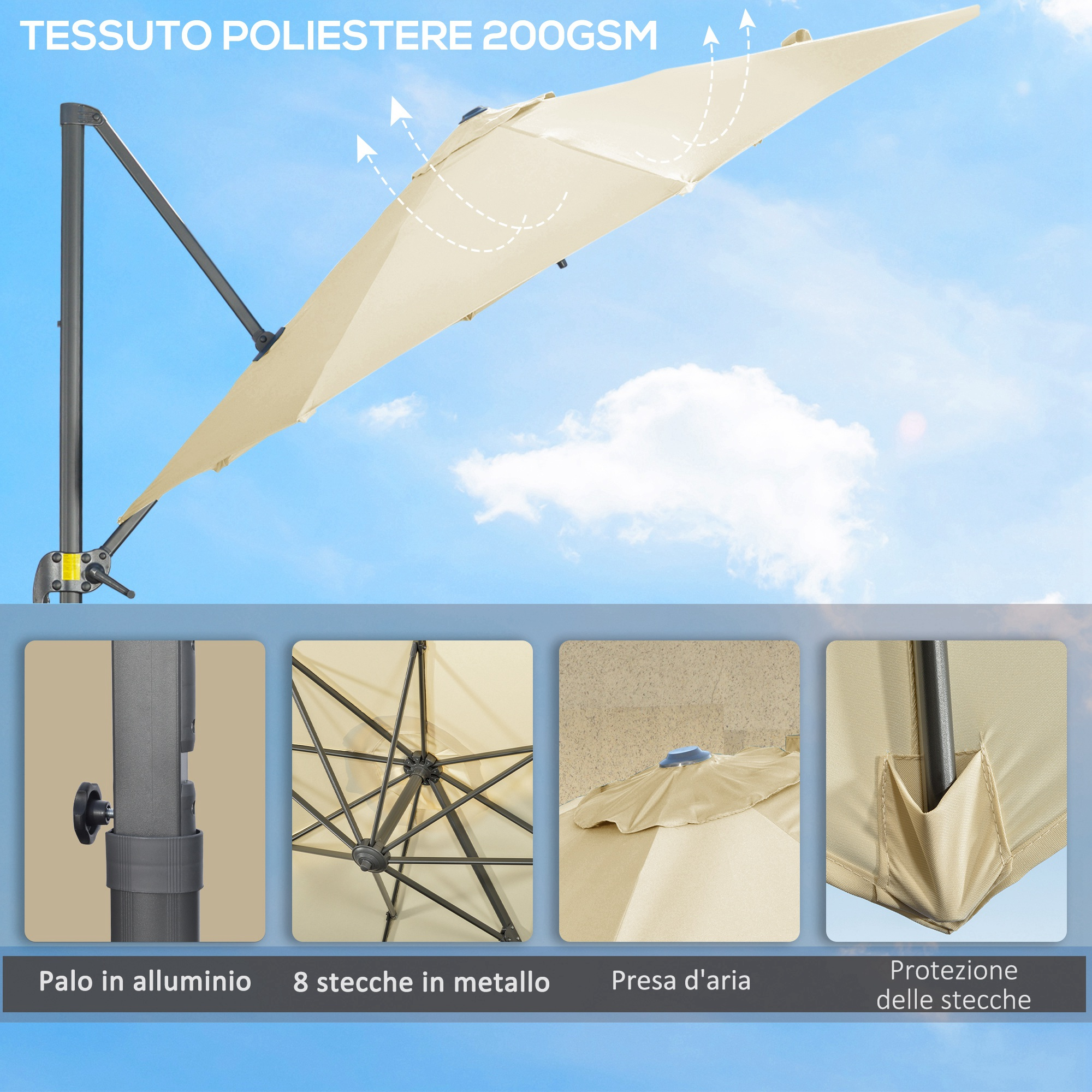 Un ombrellone da esterno beige con palo in alluminio, 8 stecche metalliche e presa d'aria.