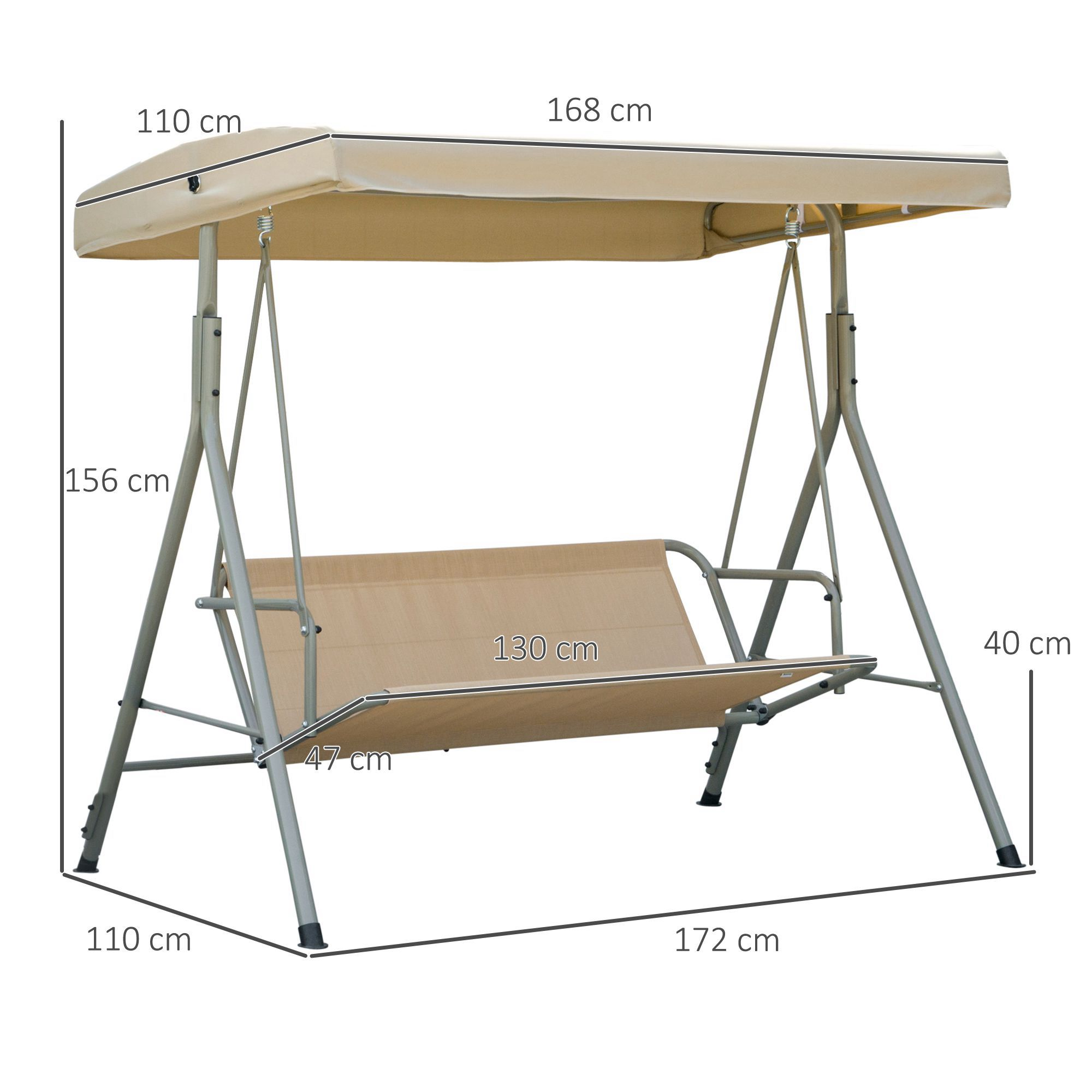 Un sedile a dondolo beige con telaio in metallo, dimensioni indicate.