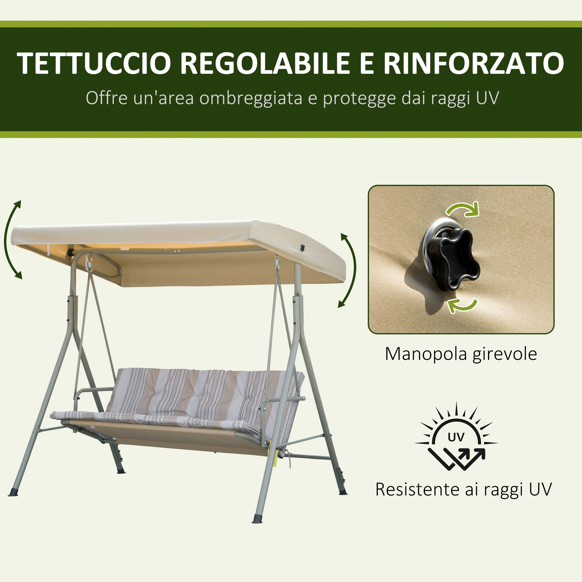 Tettuccio regolabile e rinforzato per dondolo, offre ombra e protezione UV.