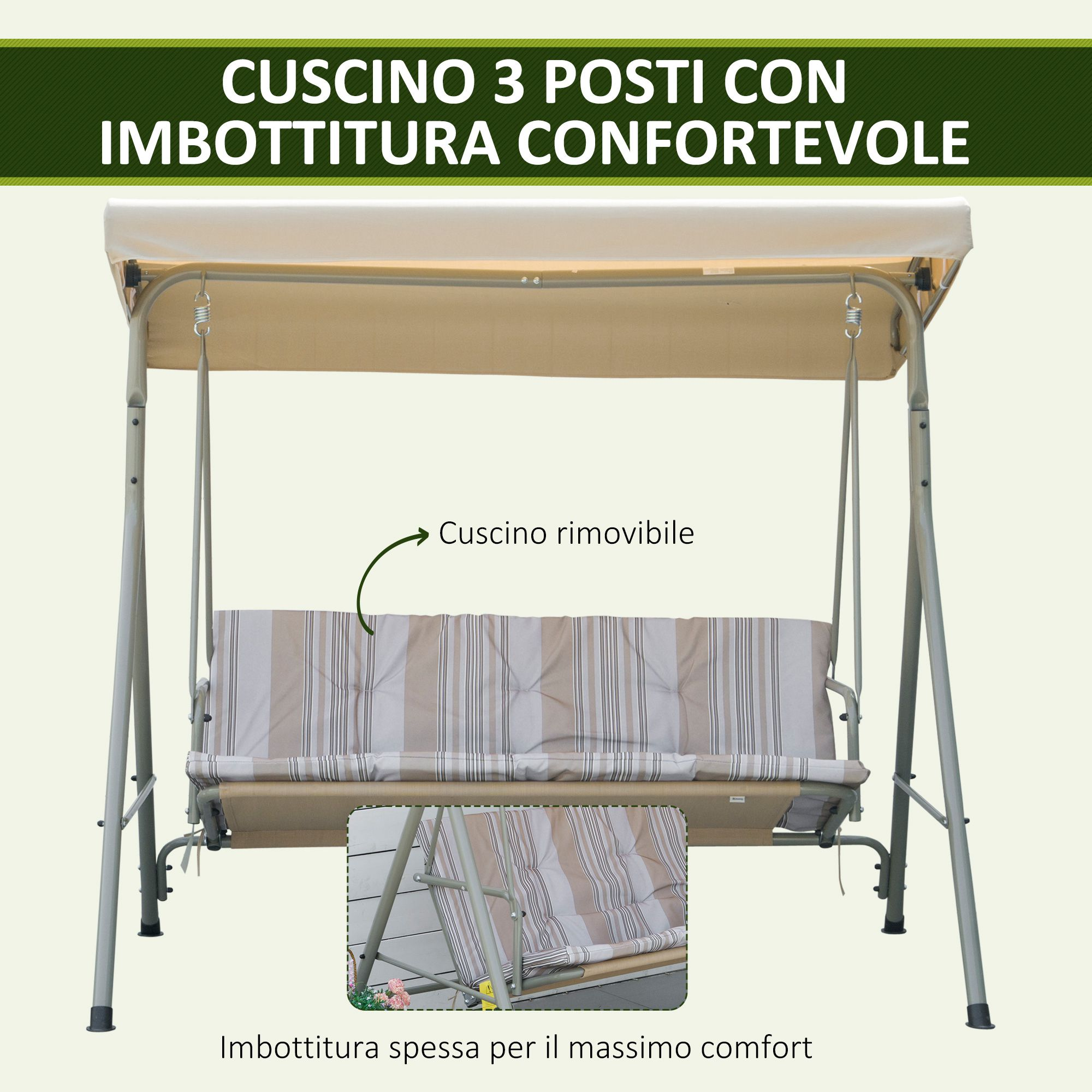 Un sedile a dondolo beige a 3 posti con cuscino a righe e capote.