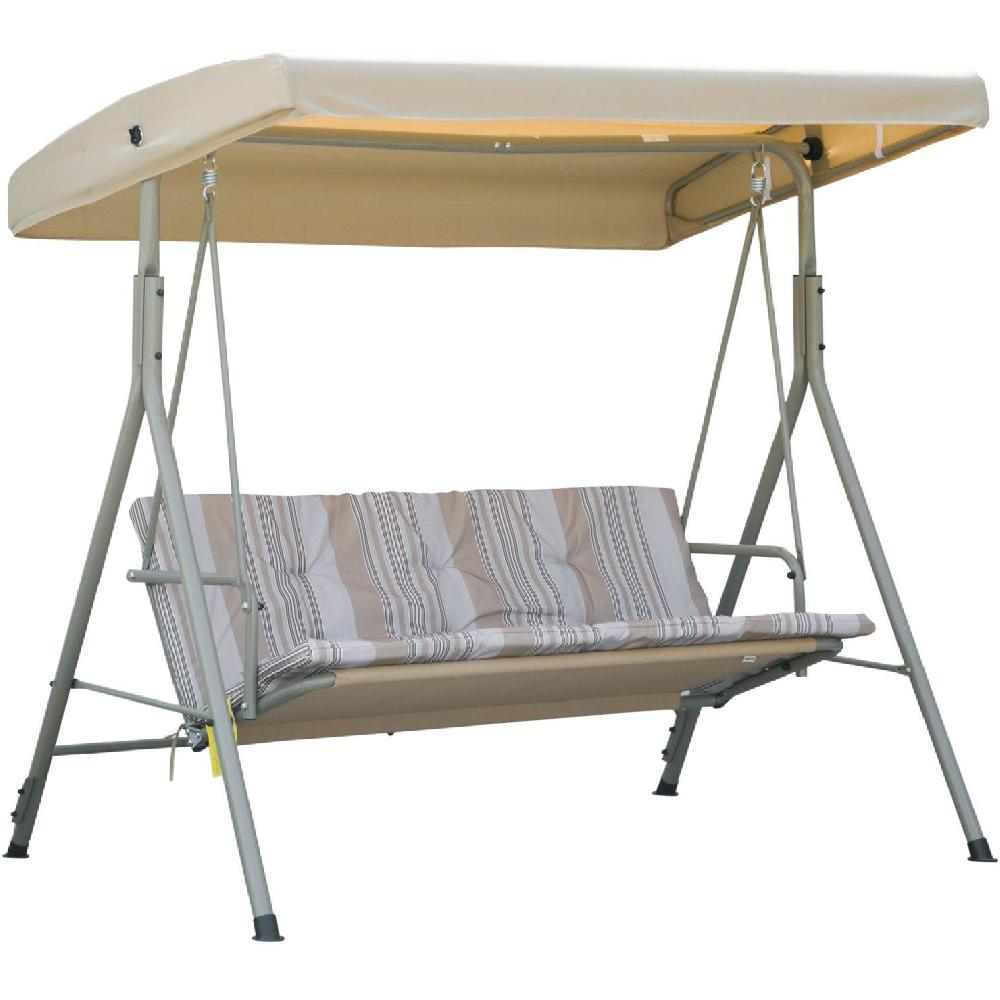 Un'altalena da giardino beige con cuscino a righe su sfondo bianco.