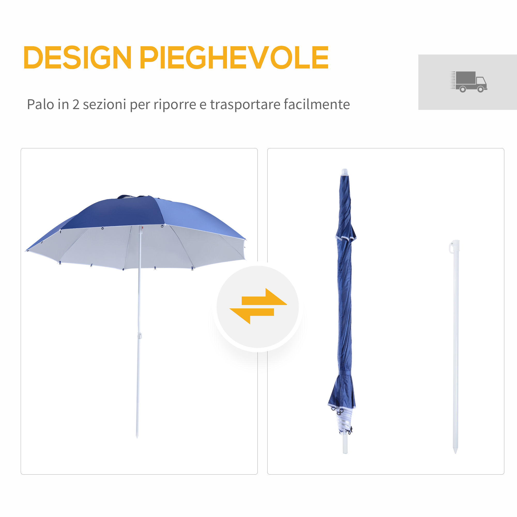 Un ombrellone blu e bianco aperto a sinistra, un ombrellone blu chiuso a destra.
