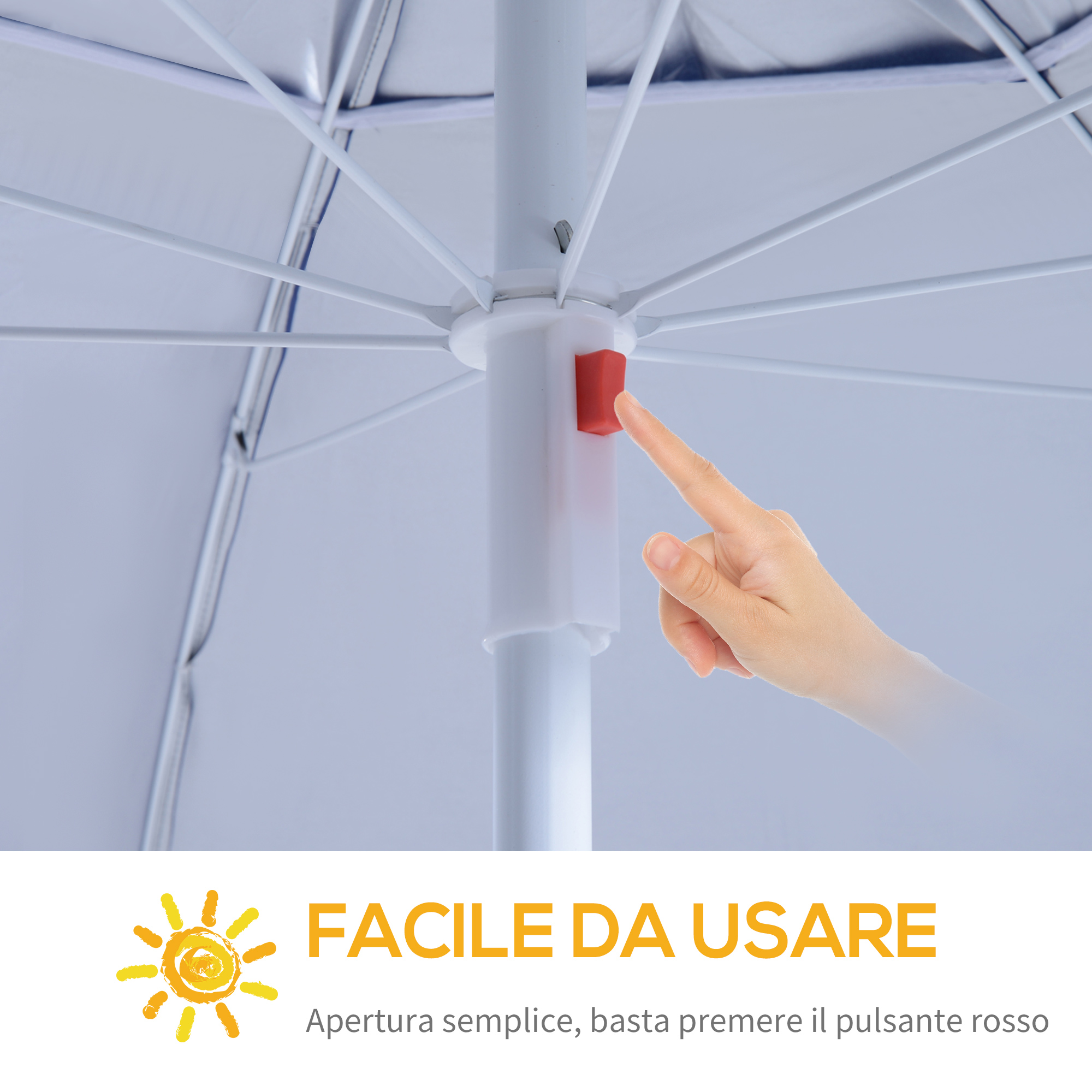 Un dito preme un pulsante rosso sul meccanismo dell'ombrello.