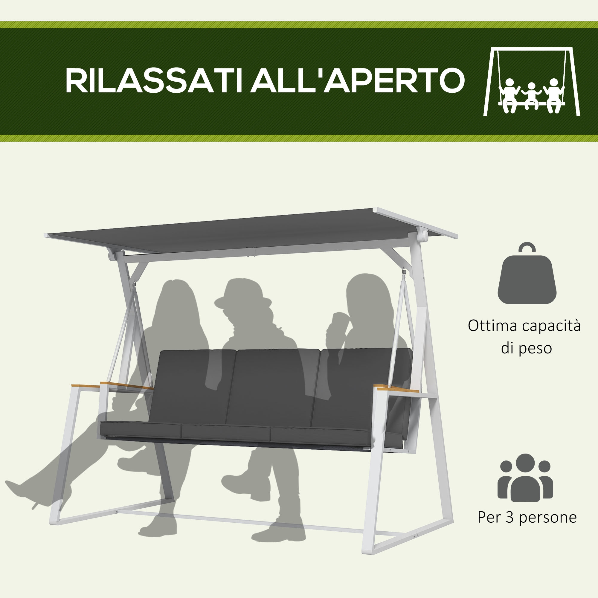 Altalena per 3 persone con seduta scura e tettoia grigia.