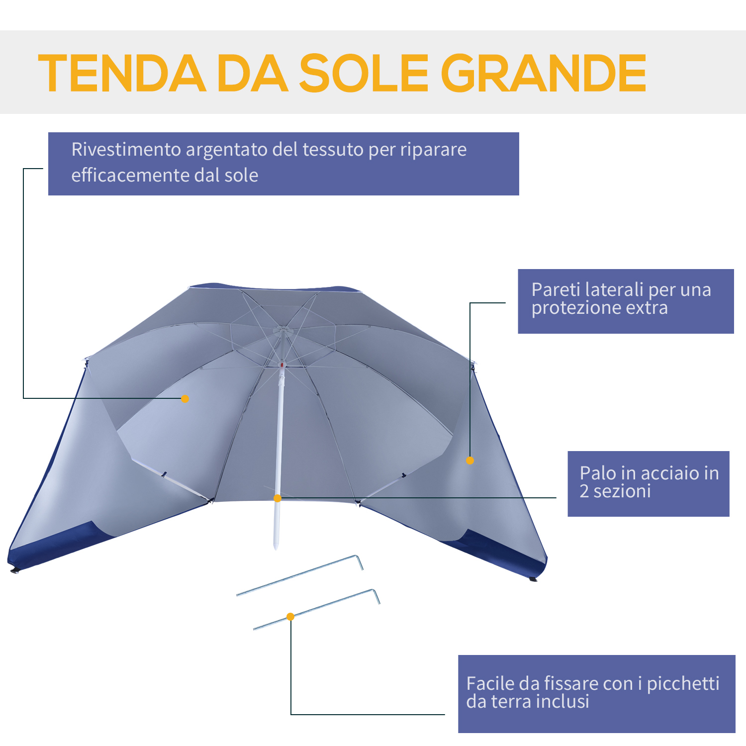 Grande tenda da sole con rivestimento argentato, pareti laterali, palo in acciaio in 2 sezioni.