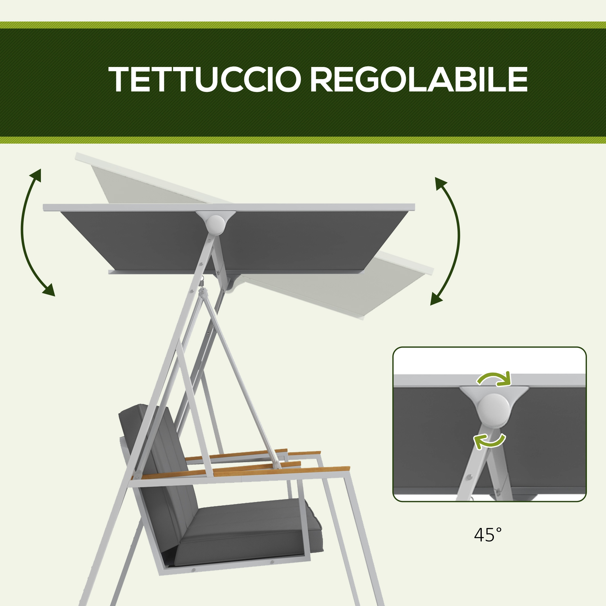 Tettuccio regolabile su un'altalena con cuscini grigi. Dettaglio mostra 45°.