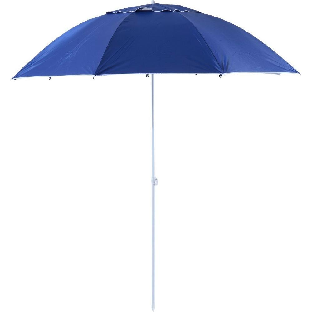 Un ombrello blu con palo bianco su sfondo bianco.