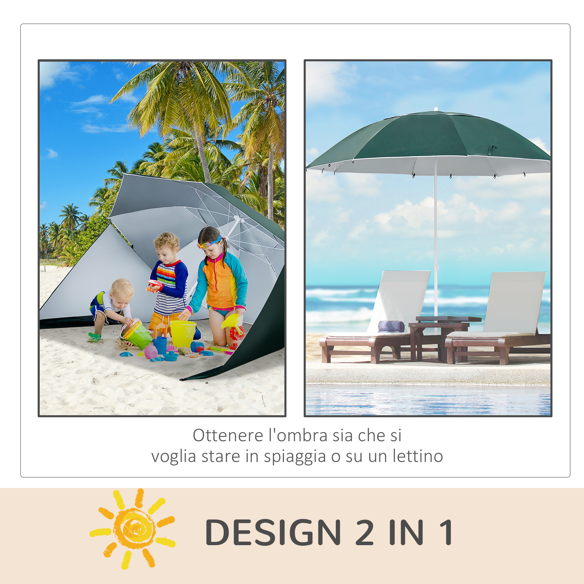 Bambini giocano in spiaggia, lettini in piscina. Con ombrellone per ombra.