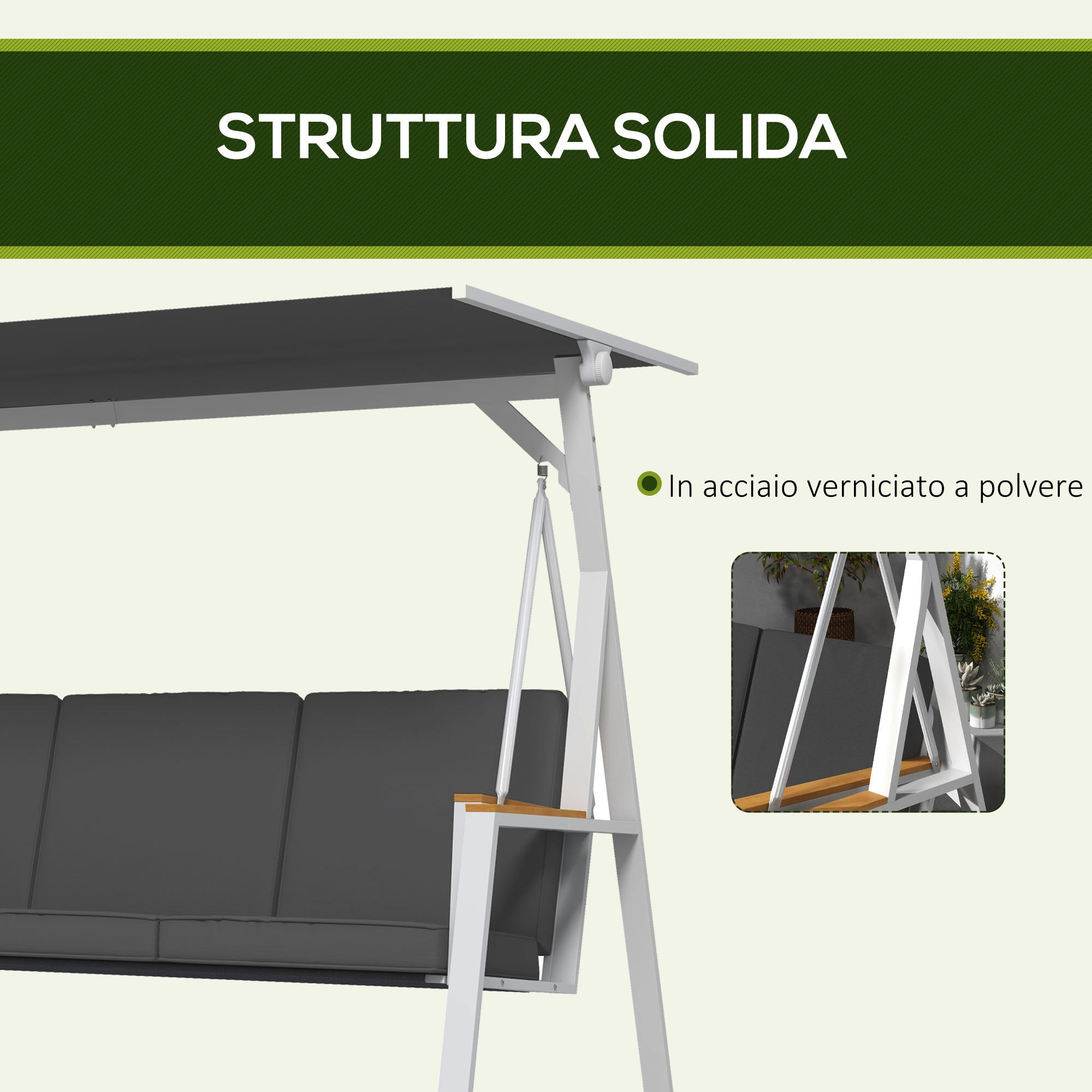 Struttura dondolo bianca con cuscini grigi e tetto nero, verniciata a polvere