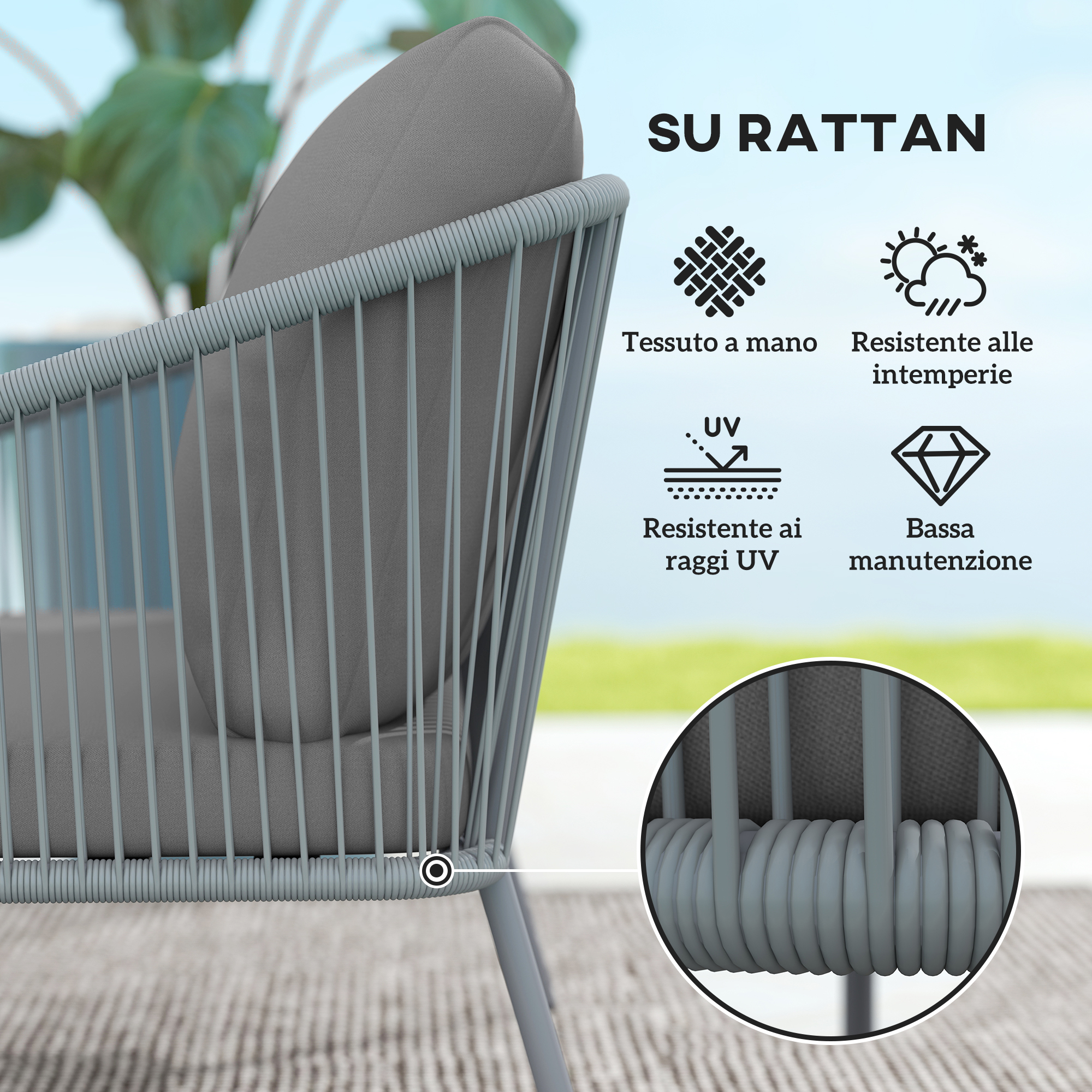 Sedia in rattan grigio con cuscino, tessuta a mano, resistente alle intemperie.