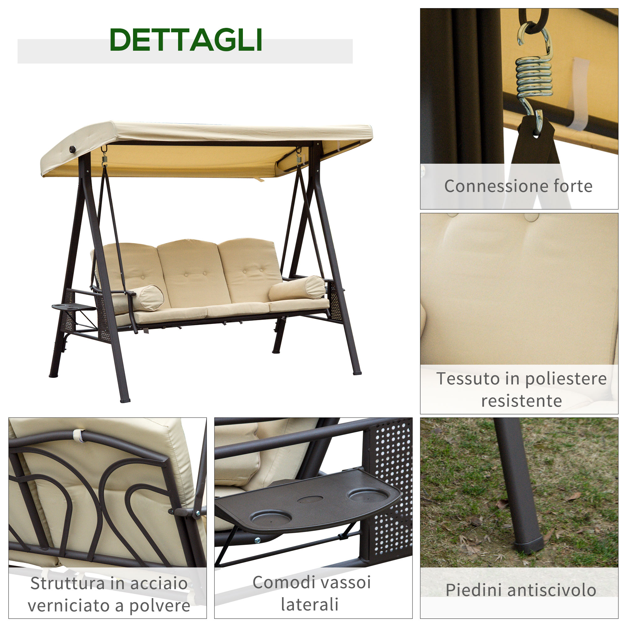 Un'altalena da giardino marrone con tettuccio e cuscini beige.