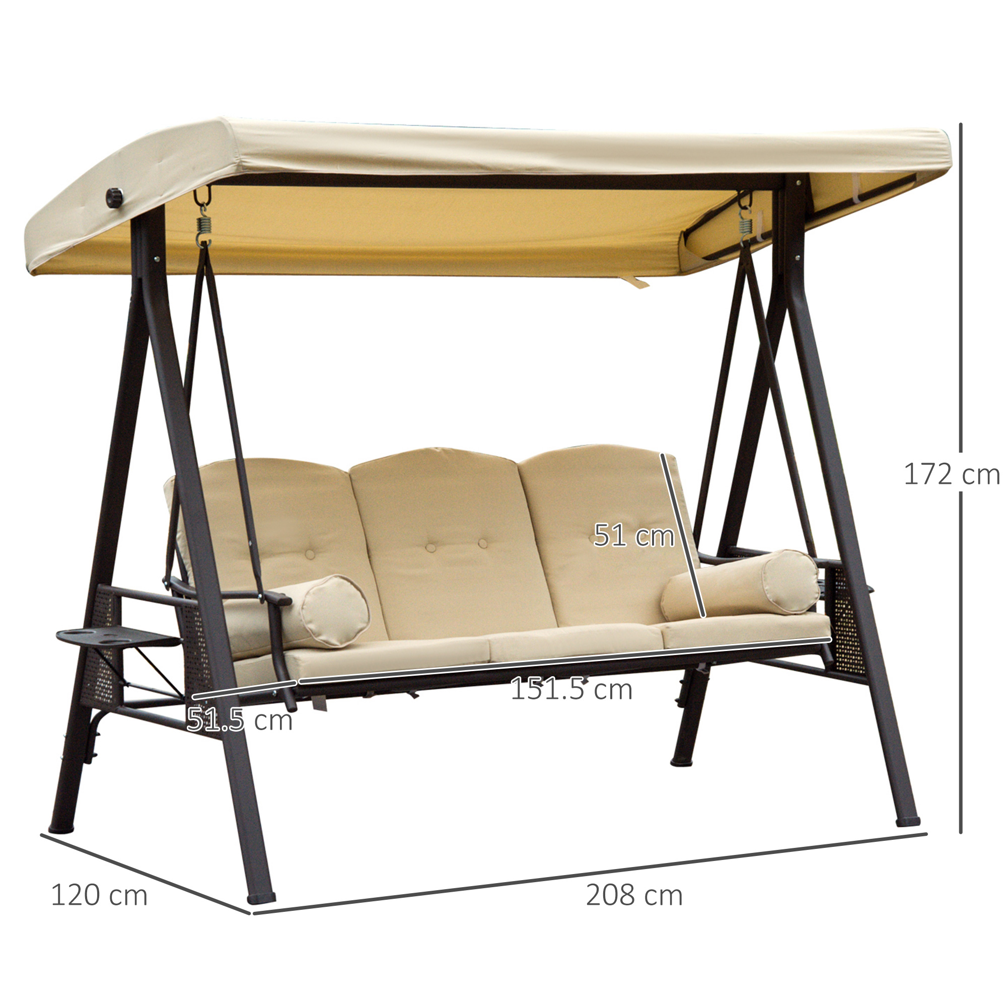 Seduta a dondolo beige 3 posti con tettoia, telaio in metallo ed etichette.