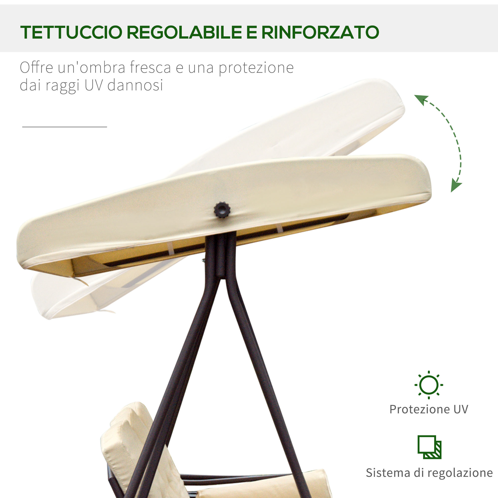 Tettoia regolabile e rinforzata con protezione UV e sistema di regolazione.