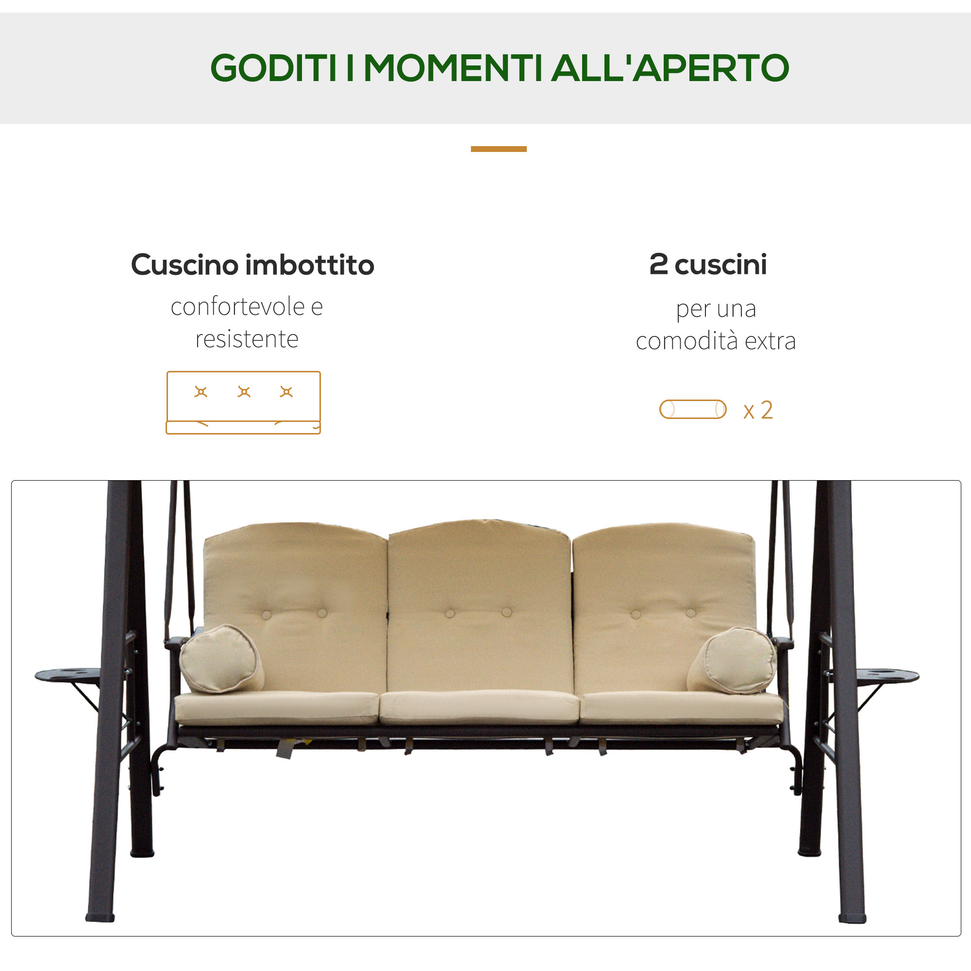 Altalena beige a tre posti con braccioli e cuscini.