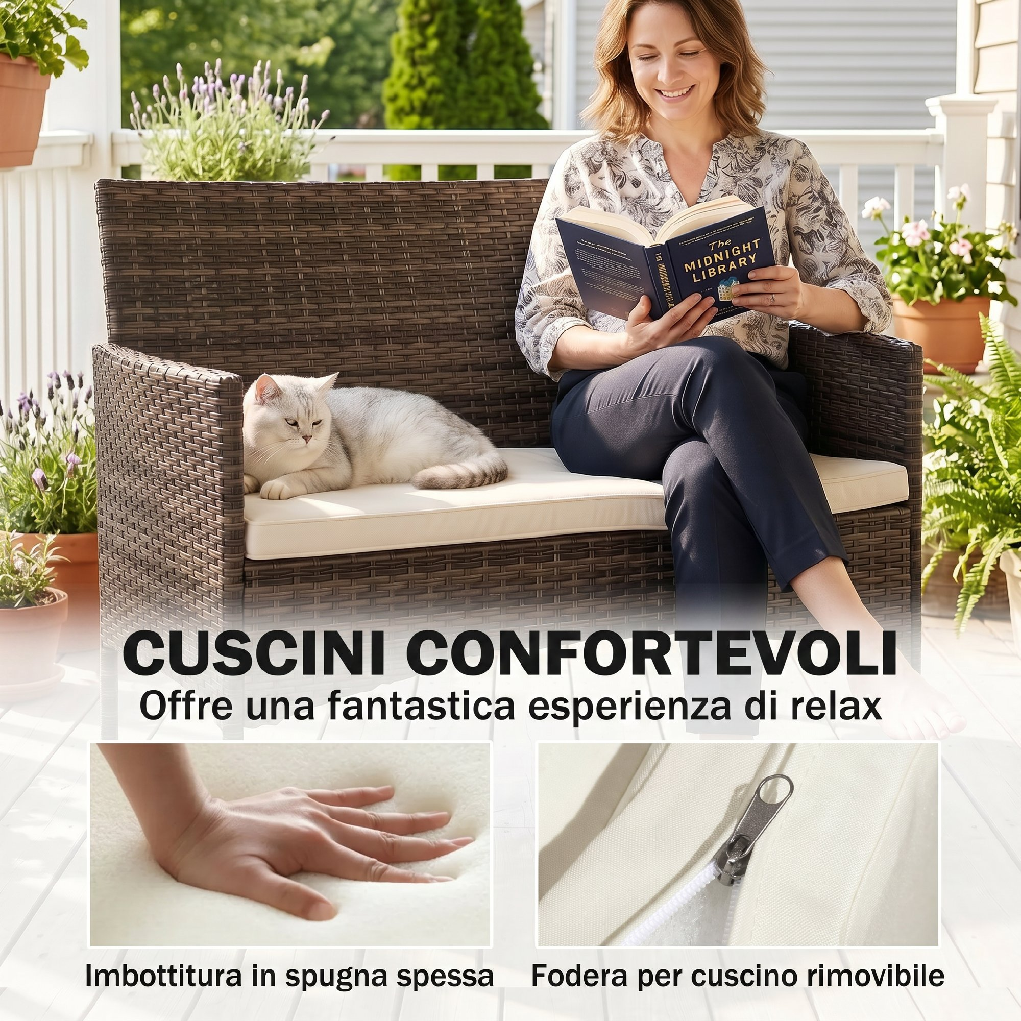 Donna legge libro su divano in rattan con gatto. Dettagli mostrano schiuma e cerniera sfoderabile.