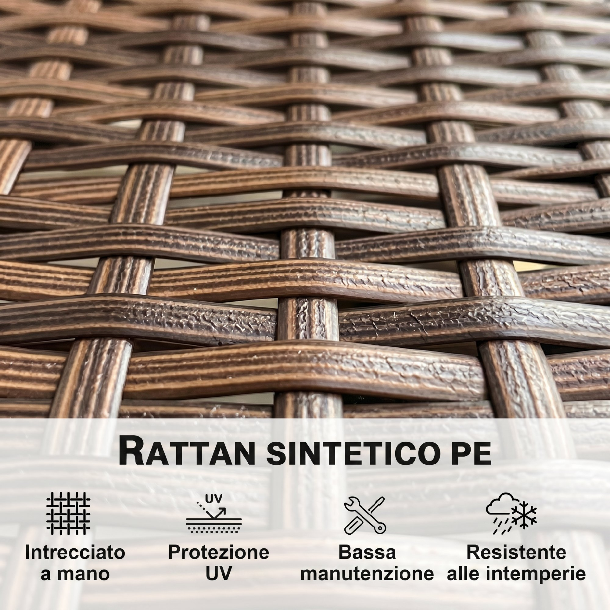 Rattan sintetico PE intrecciato con icone: fatto a mano, protezione UV, bassa manutenzione, resistente.