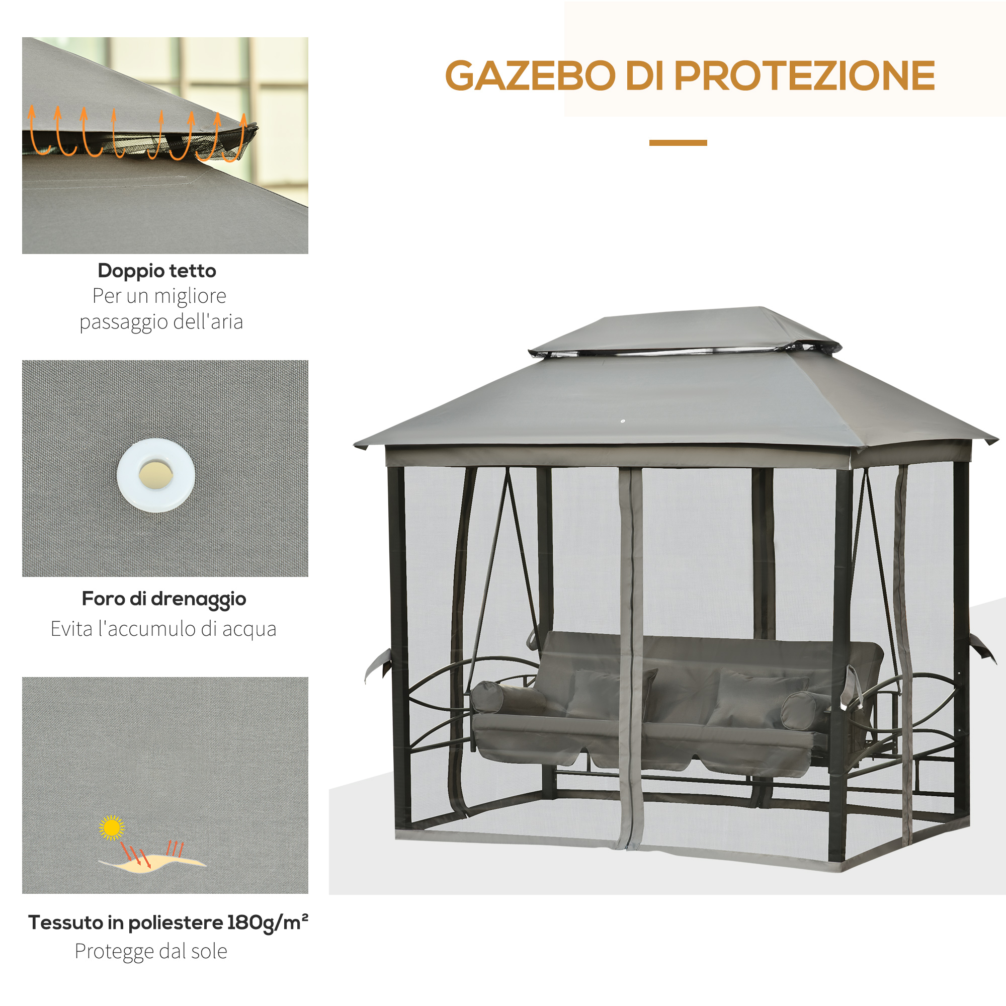 Gazebo grigio con sedile a dondolo, doppio tetto e zanzariera.