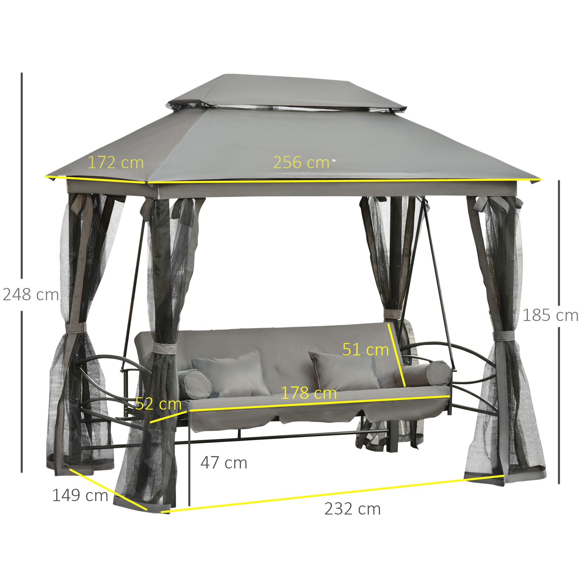 Gazebo a dondolo grigio con panca, dimensioni indicate.