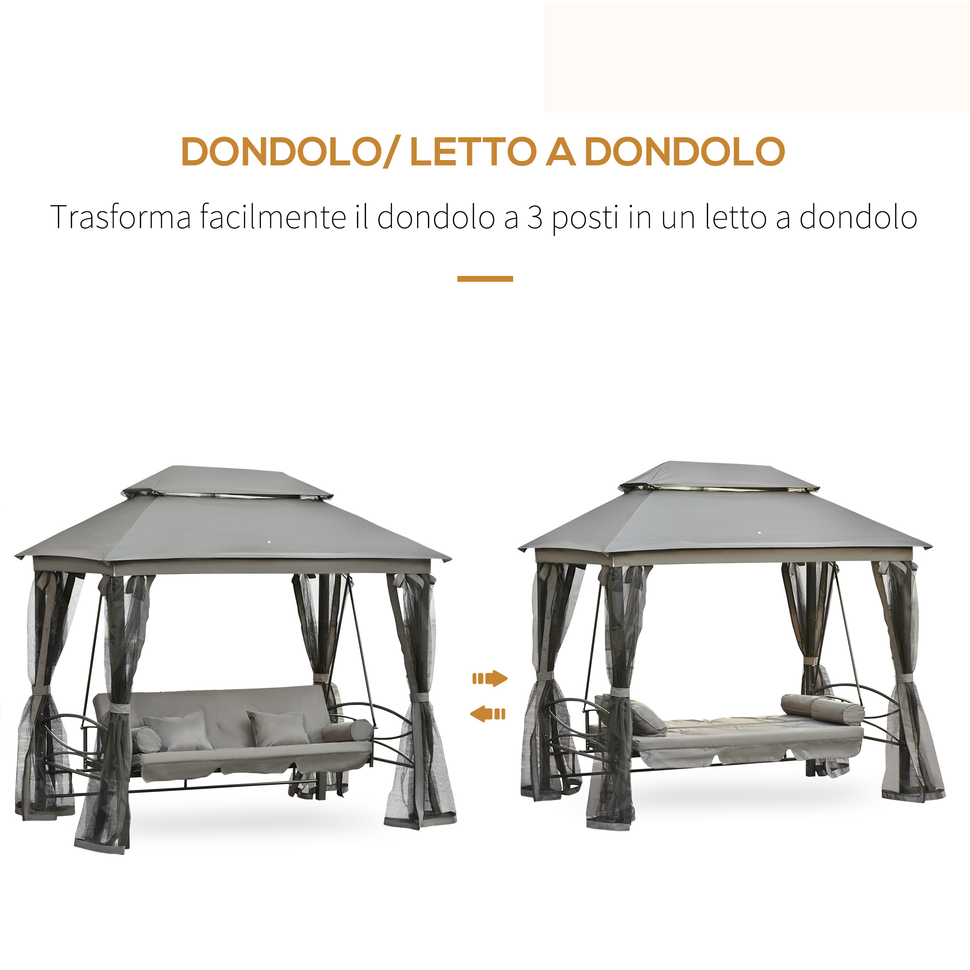Un dondolo da gazebo grigio con zanzariera e cuscini, che si trasforma in letto.