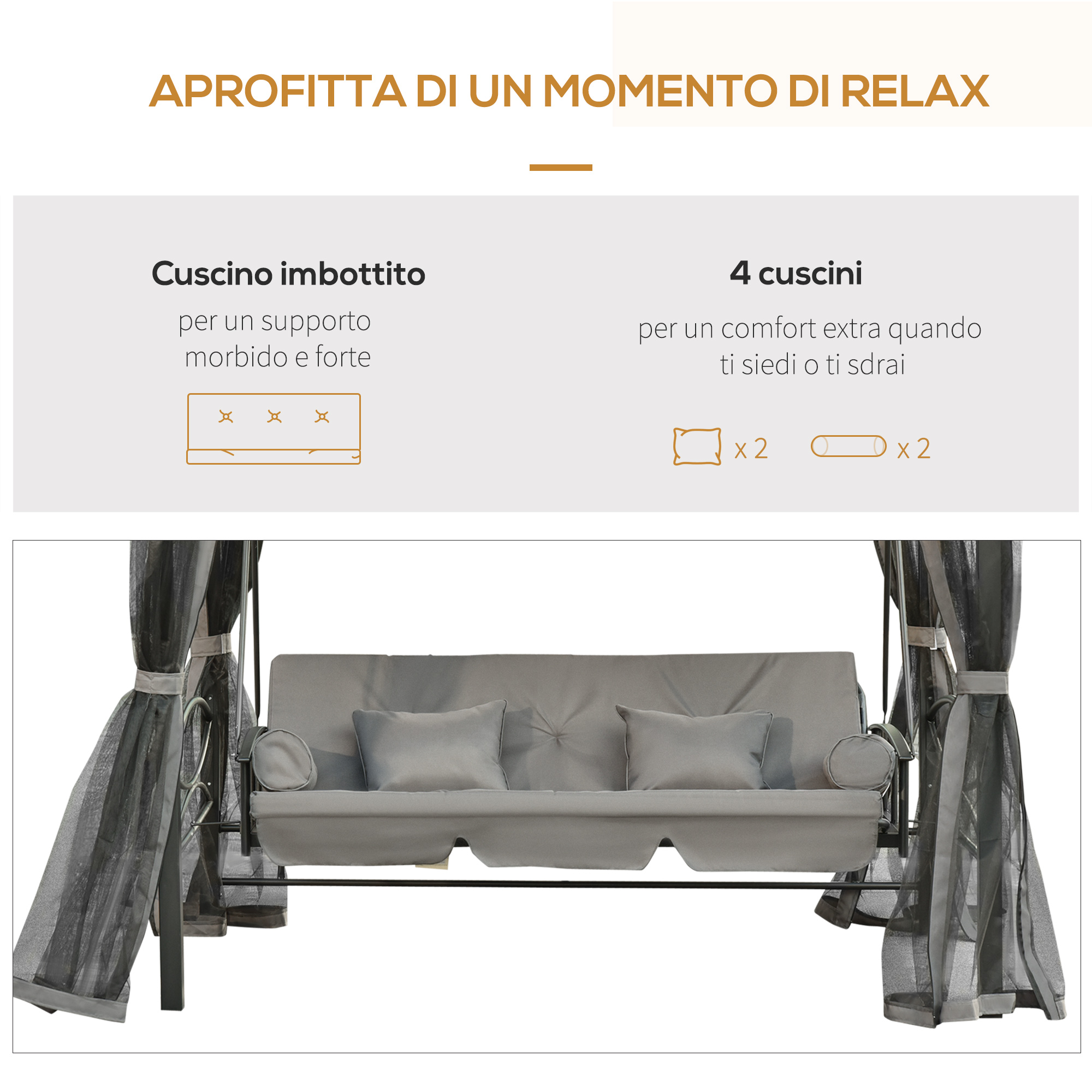 Seduta per dondolo grigia con zanzariera e cuscini.