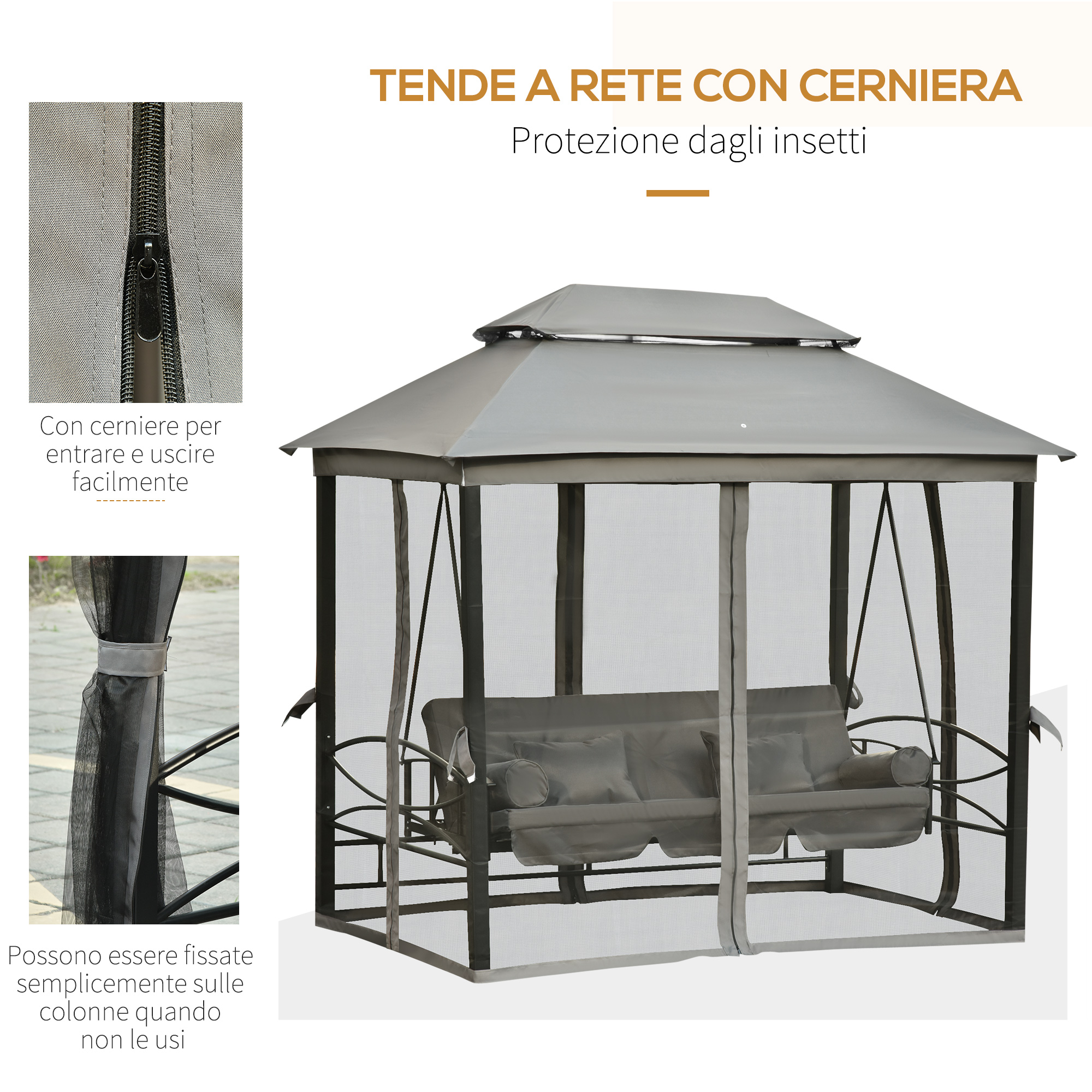 Un gazebo grigio con zanzariera, porta con zip e seduta a dondolo.