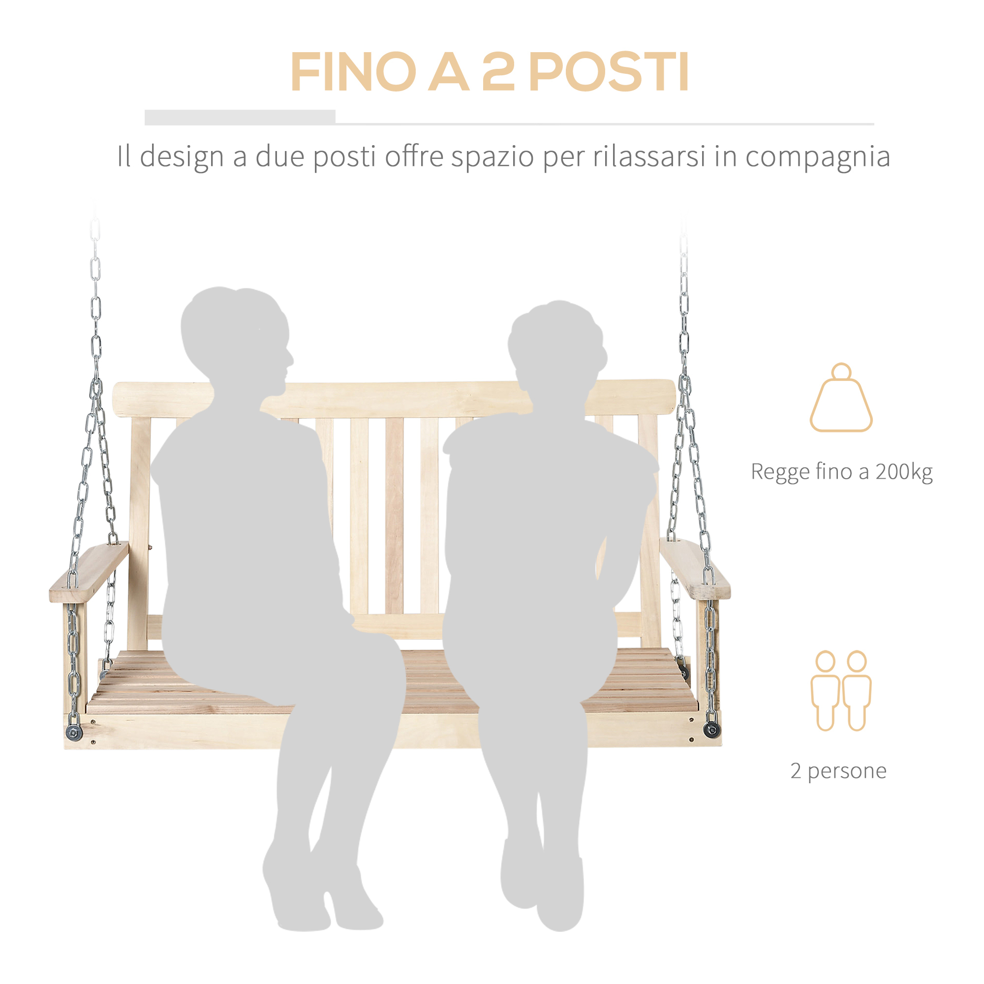 Altalena in legno a due posti con due sagome sedute.