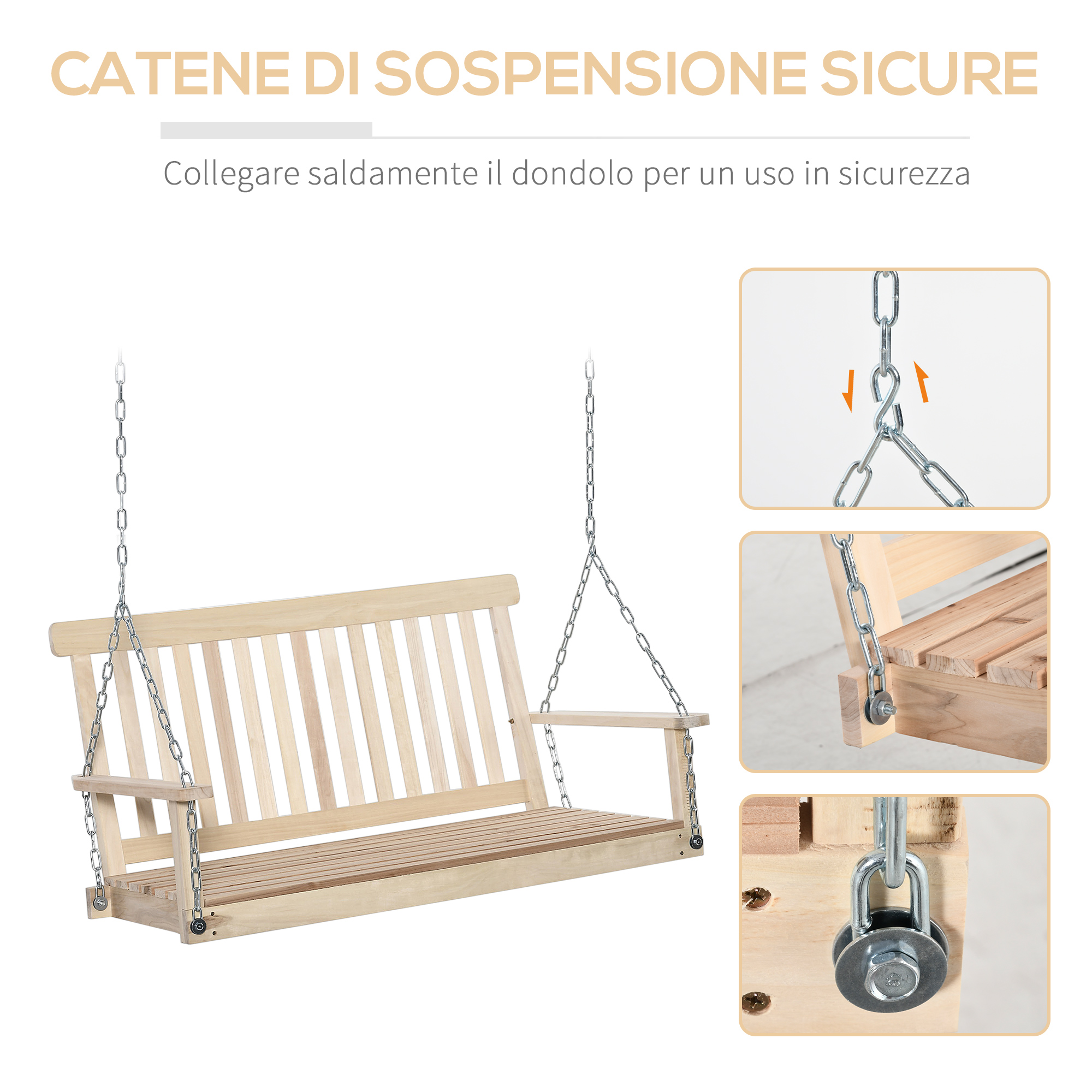 Un'altalena in legno appesa a catene. Viste dettagliate mostrano i punti di fissaggio della catena.