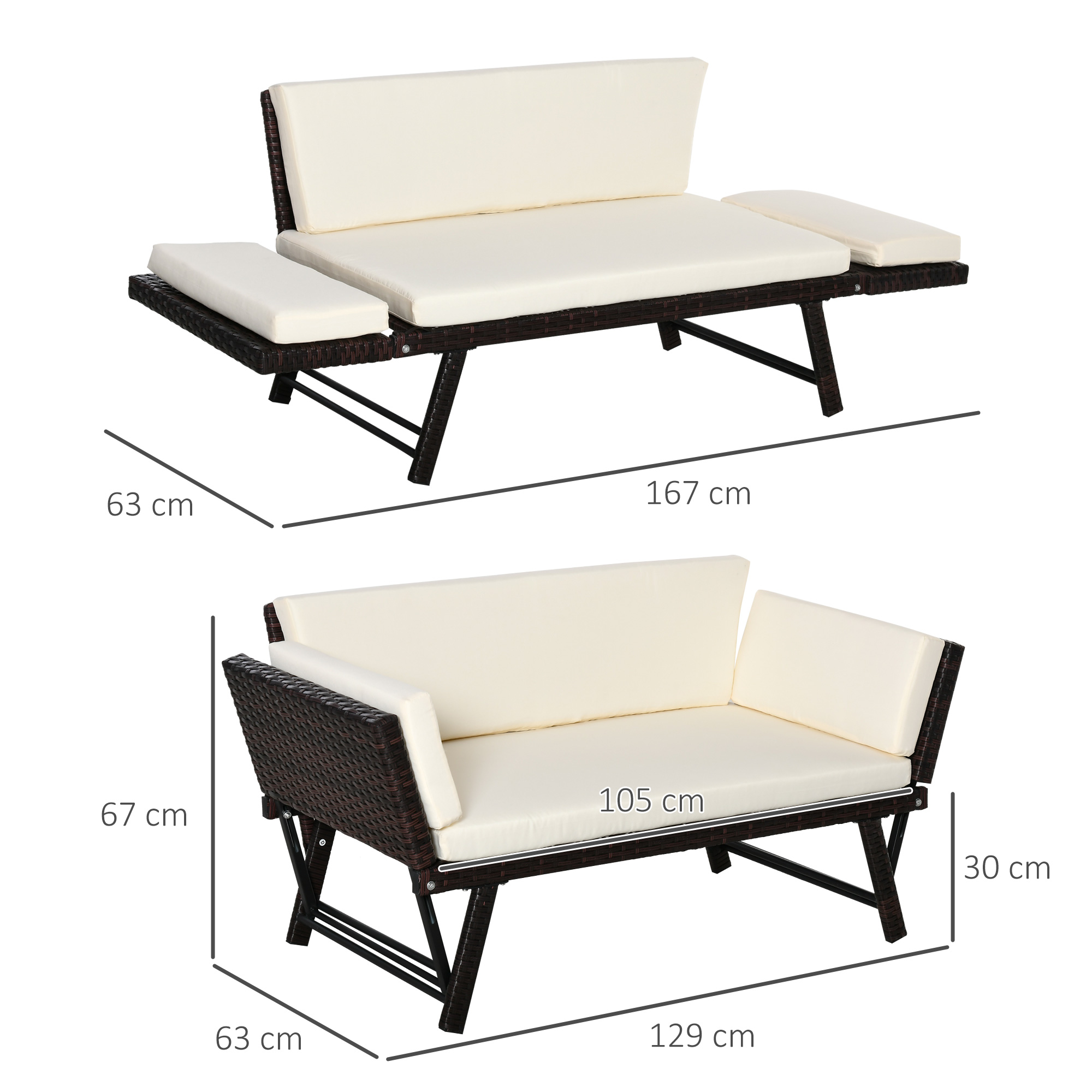 Divano in rattan marrone con cuscini color crema, dimensioni indicate.