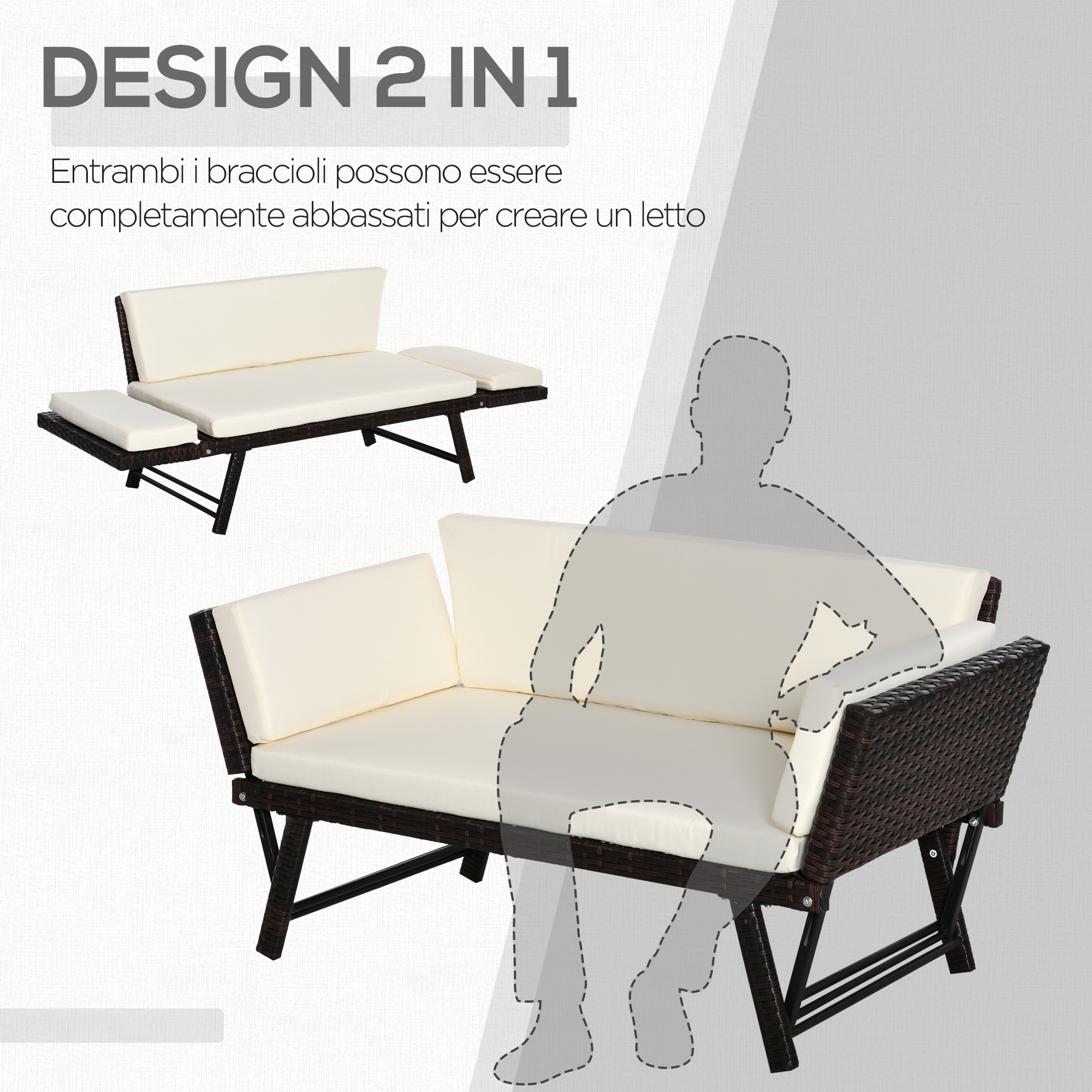 Divano in rattan marrone con cuscini color crema, trasformabile in letto.
