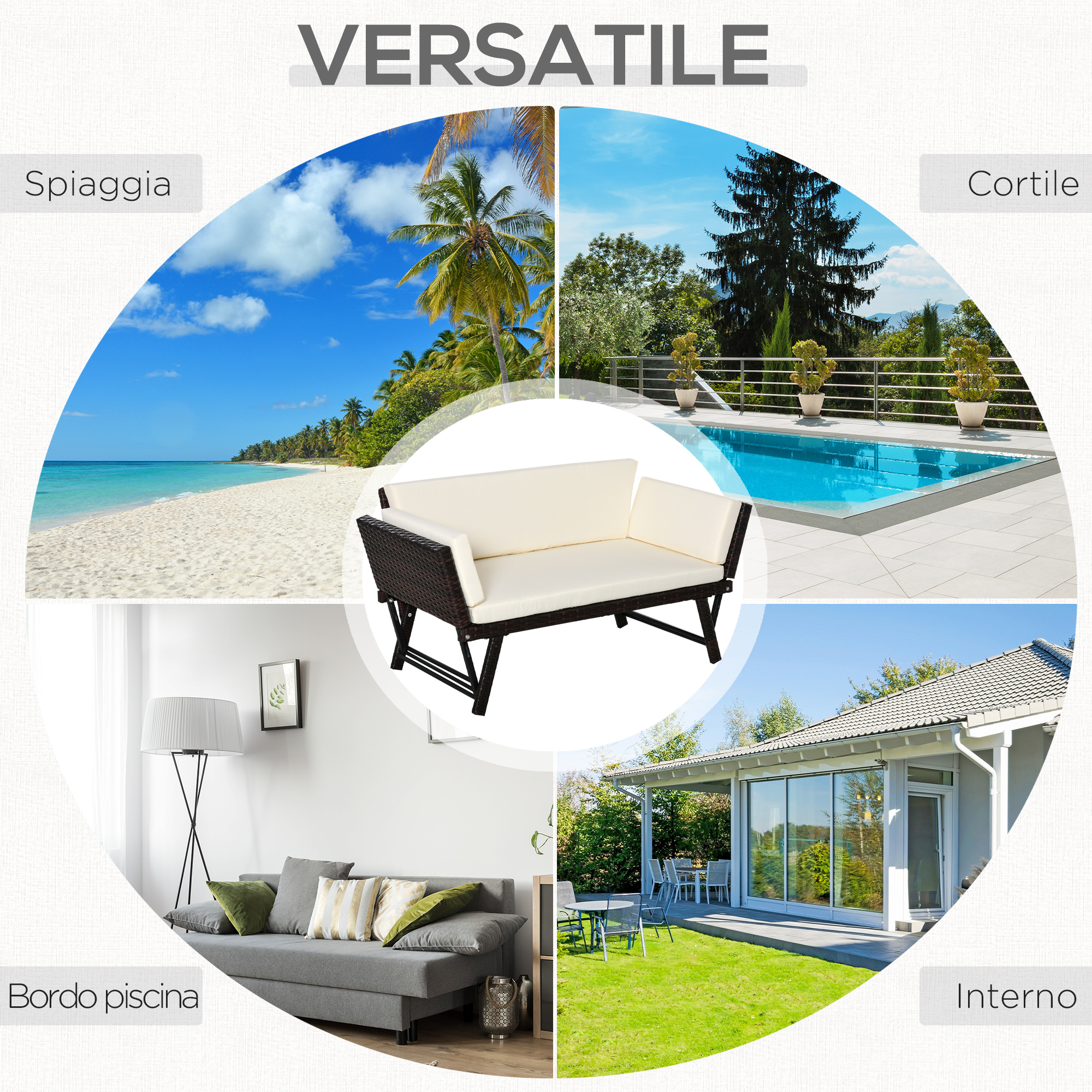 Quattro scene: spiaggia, piscina, soggiorno e giardino con divano.