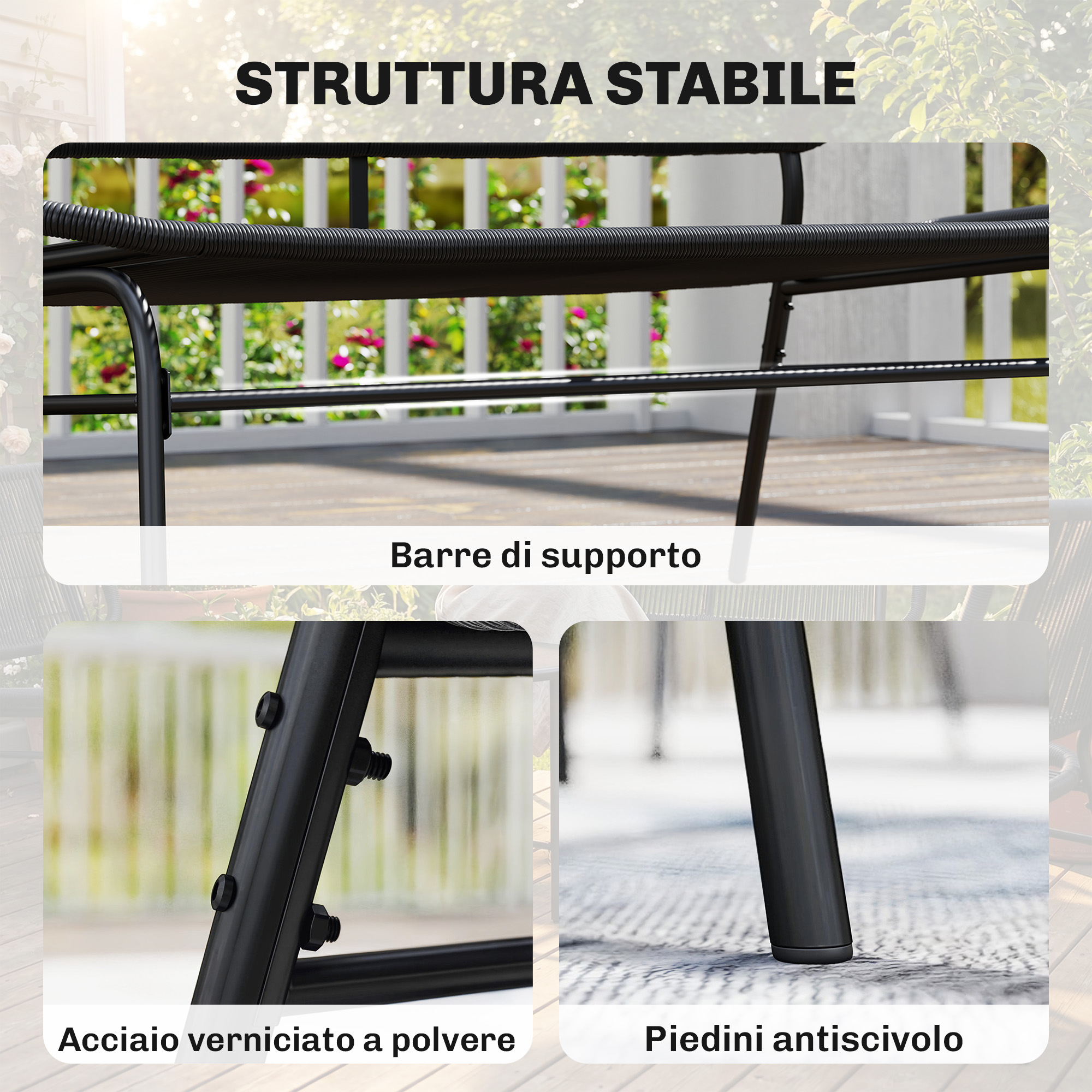 Struttura stabile con acciaio verniciato a polvere e piedini antiscivolo.