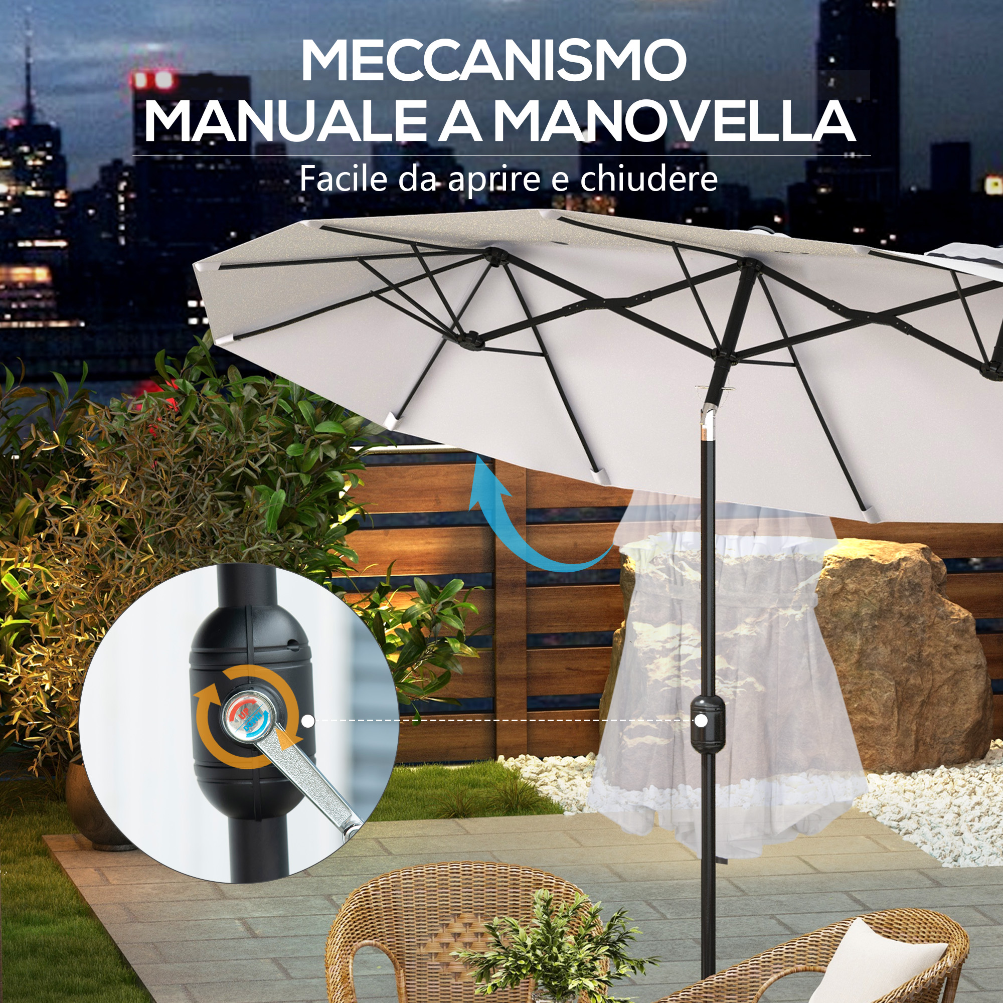 Un ombrellone da esterno con meccanismo a manovella è mostrato su un patio di notte.
