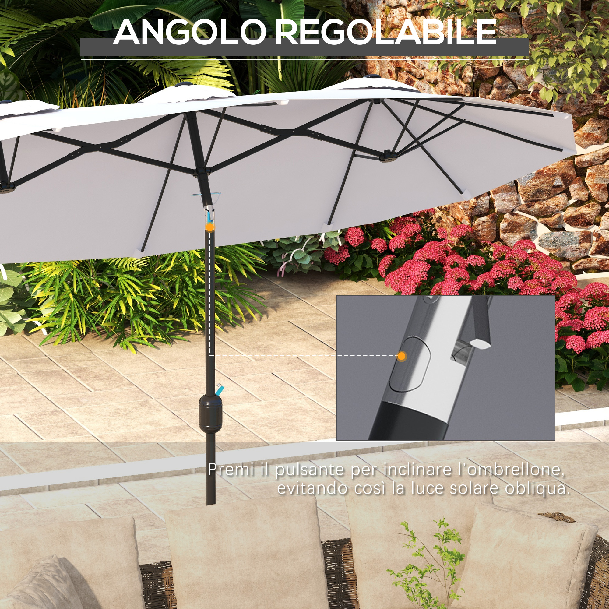 Un ombrellone da esterno regolabile con baldacchino bianco.