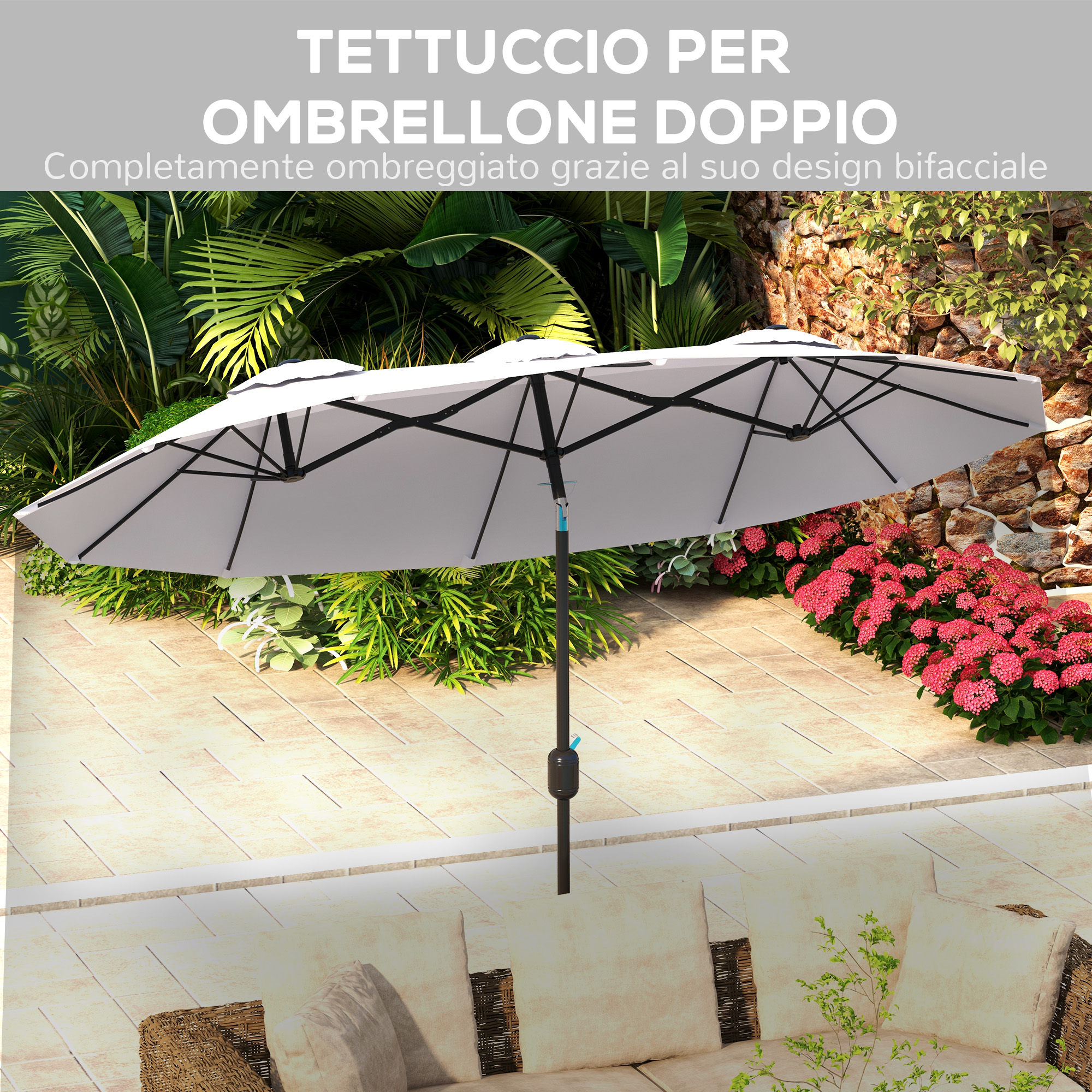 Un grande ombrellone doppio bianco con telaio nero su un patio in pietra.