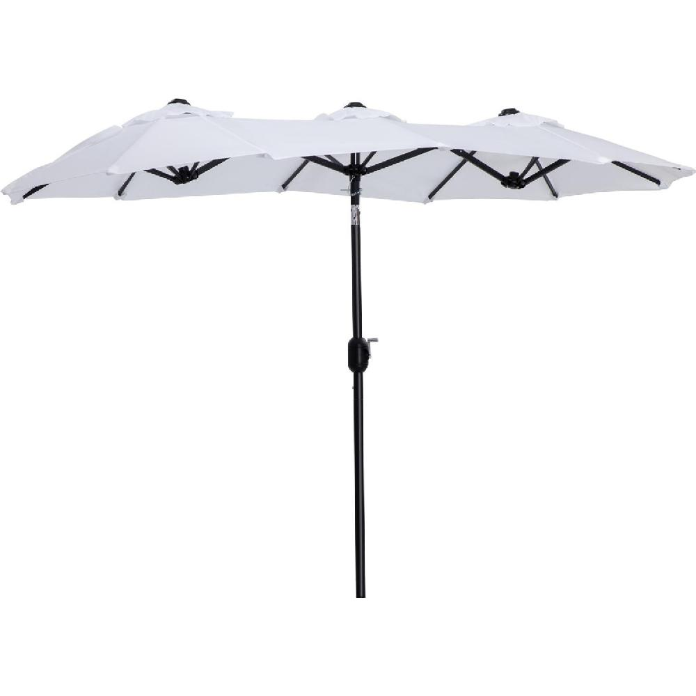 Un lungo ombrellone bianco da esterno con più coperture e palo nero.