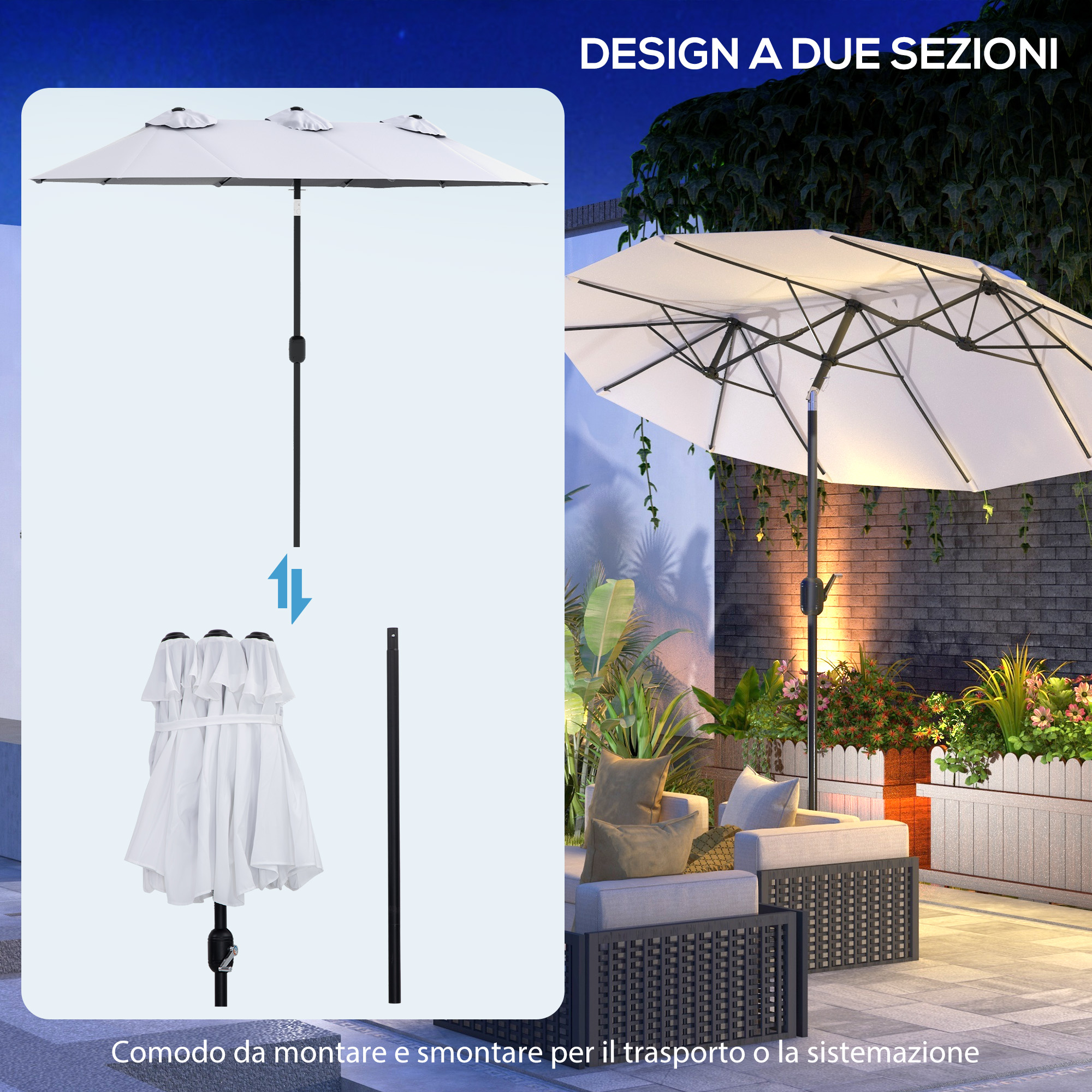 Un ombrellone bianco a due sezioni montato su un patio.