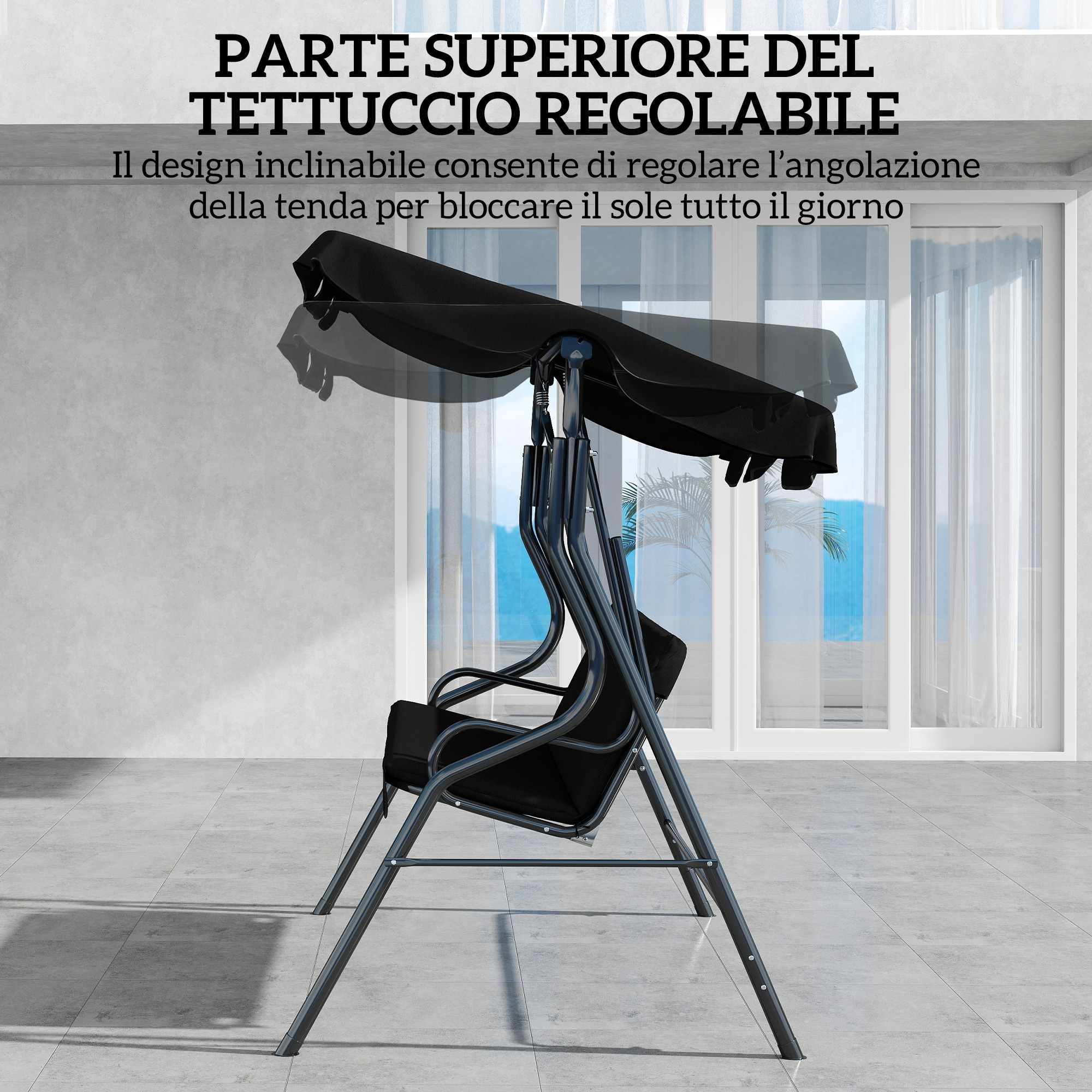 Tendalino nero regolabile su un'altalena sopra un pavimento chiaro.