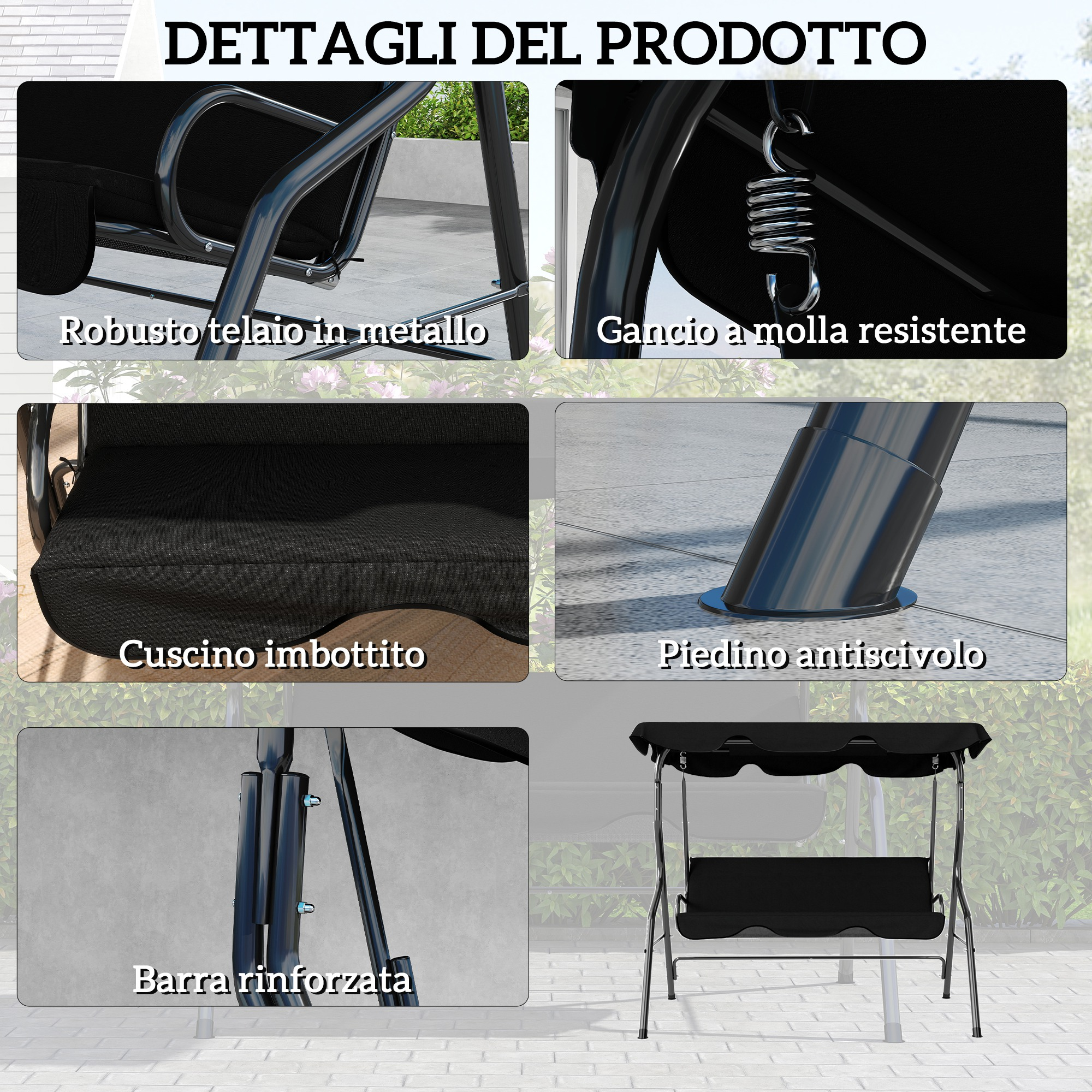 Dettagli prodotto: robusto telaio in metallo, gancio a molla, cuscino imbottito.