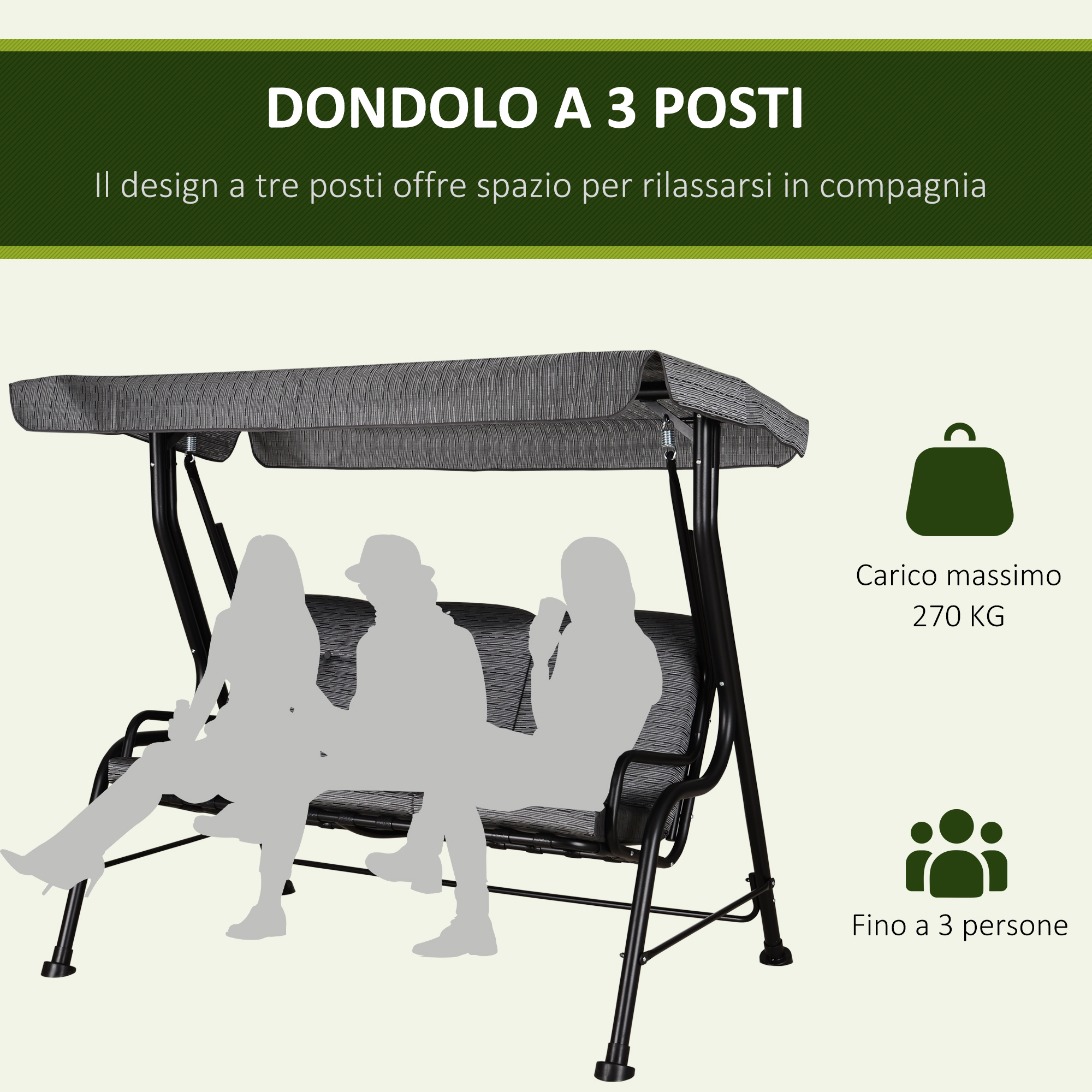 Un dondolo 3 posti con tettuccio e seduta in tessuto grigio, portata 270 kg.