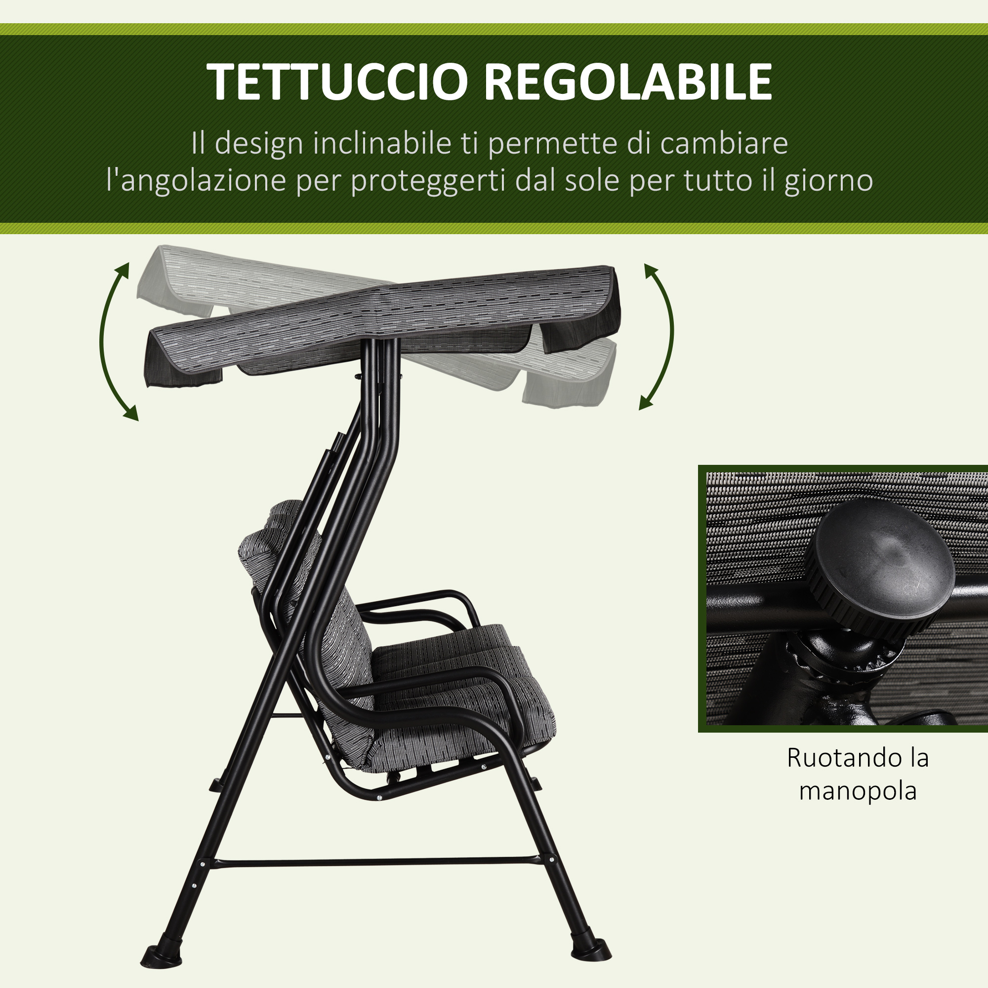 Sedile per altalena grigio con tettuccio regolabile.