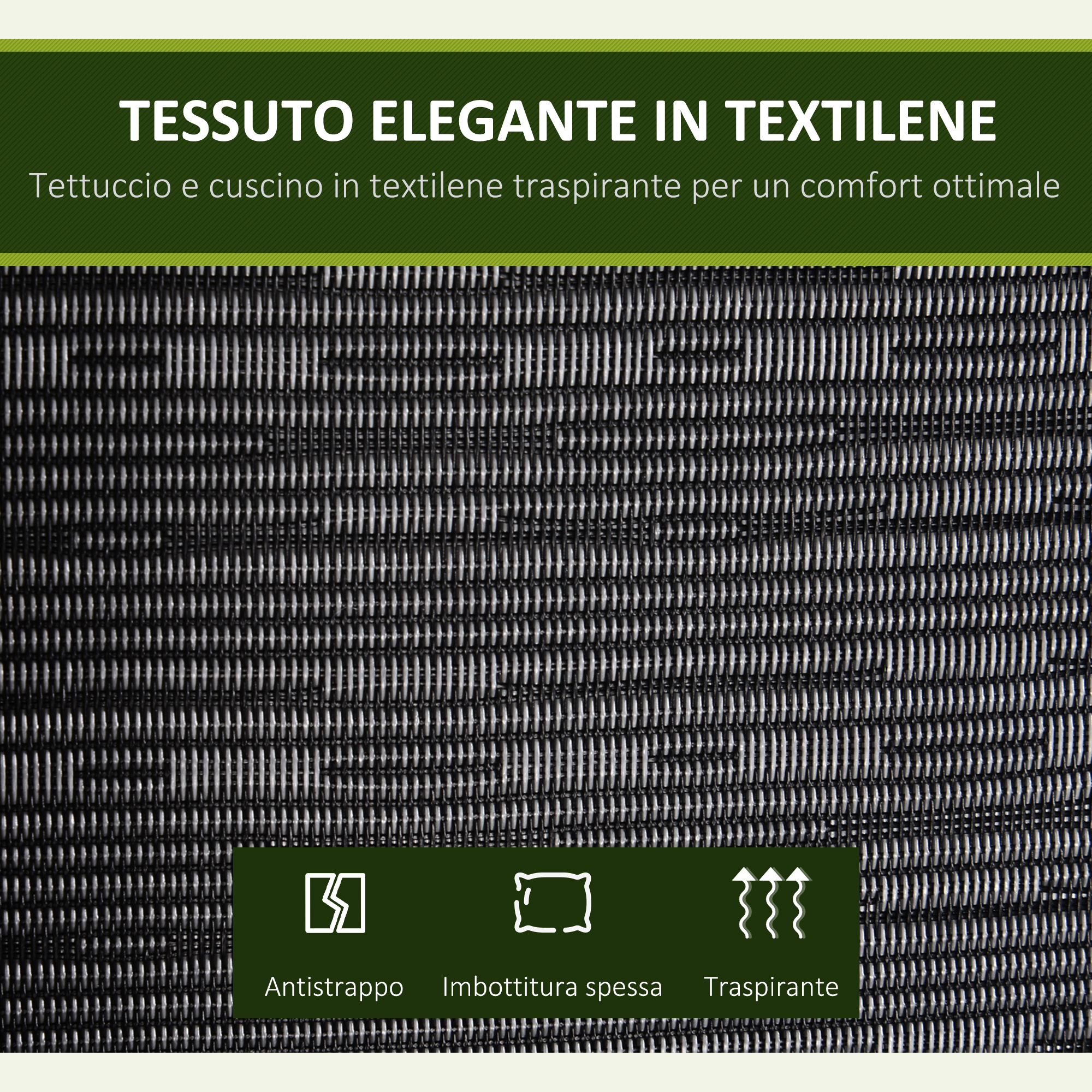 Tessuto in textilene nero con icone per resistenza, spessore e traspirabilità.