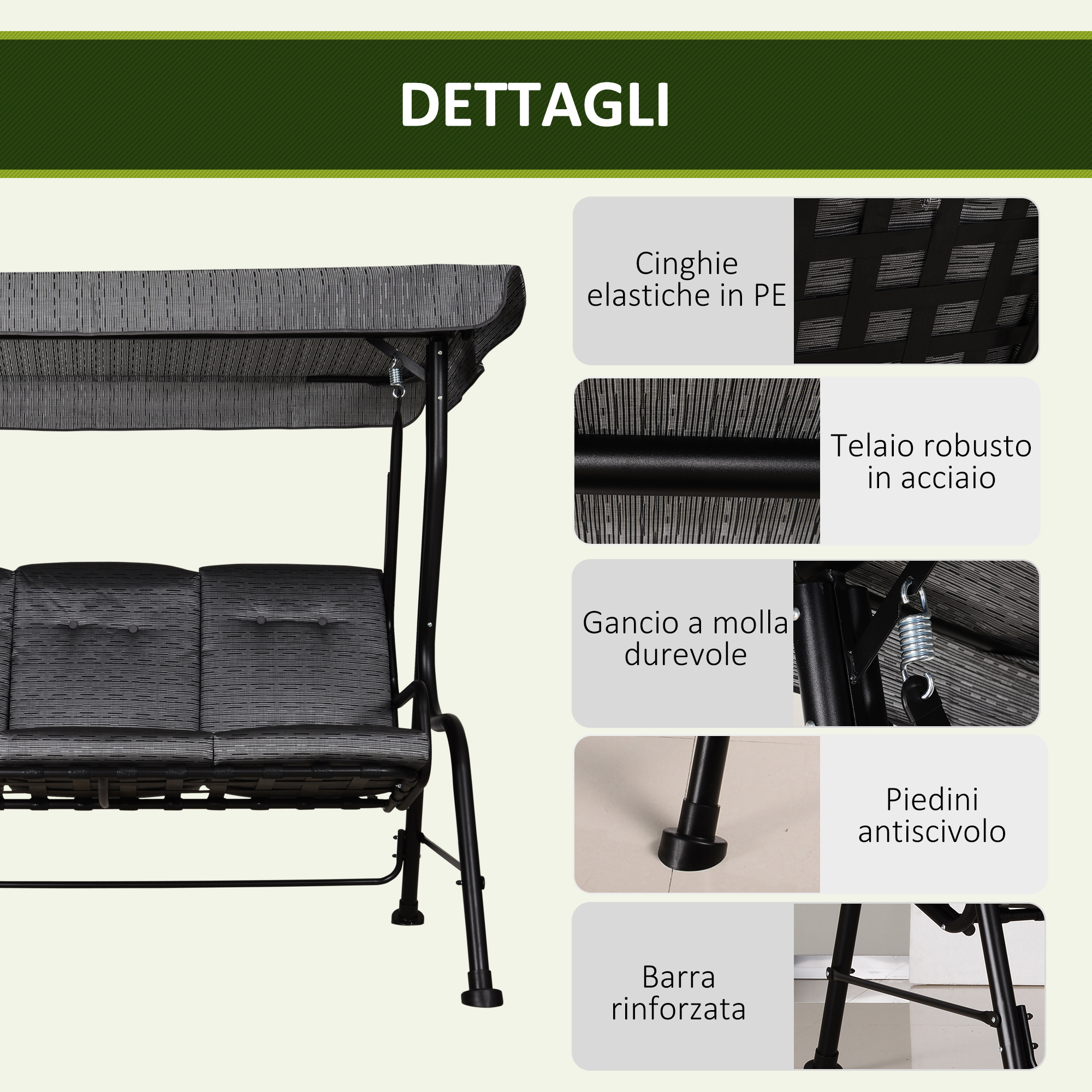 Dettaglio di una sedia a dondolo grigia con riquadri che mostrano cinghie elastiche, telaio in acciaio, gancio a molla e piedini.