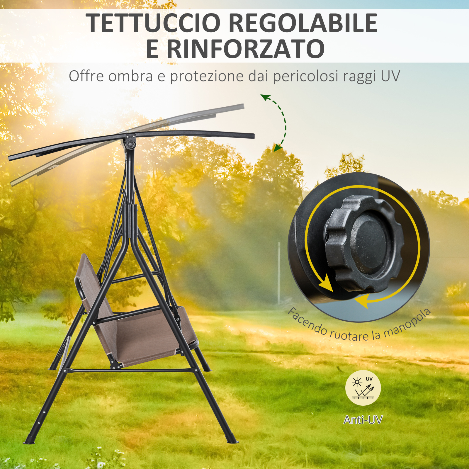 Una sedia a dondolo regolabile con tettuccio regolabile in un giardino soleggiato.