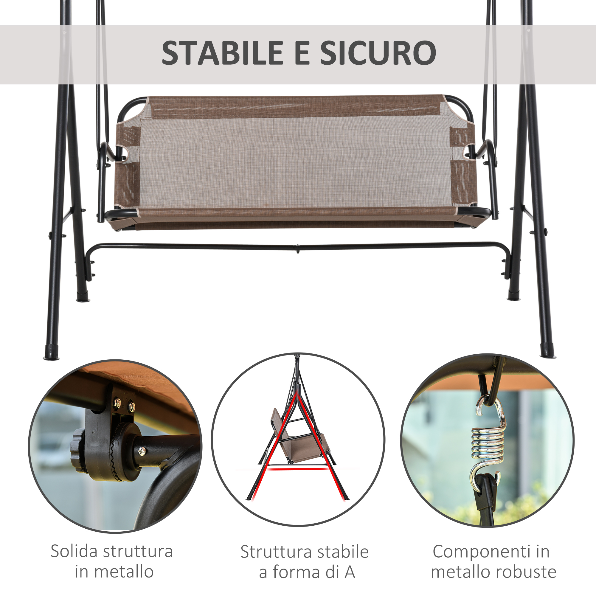 Sedile da altalena in metallo stabile con telaio a A e sospensione a molla.