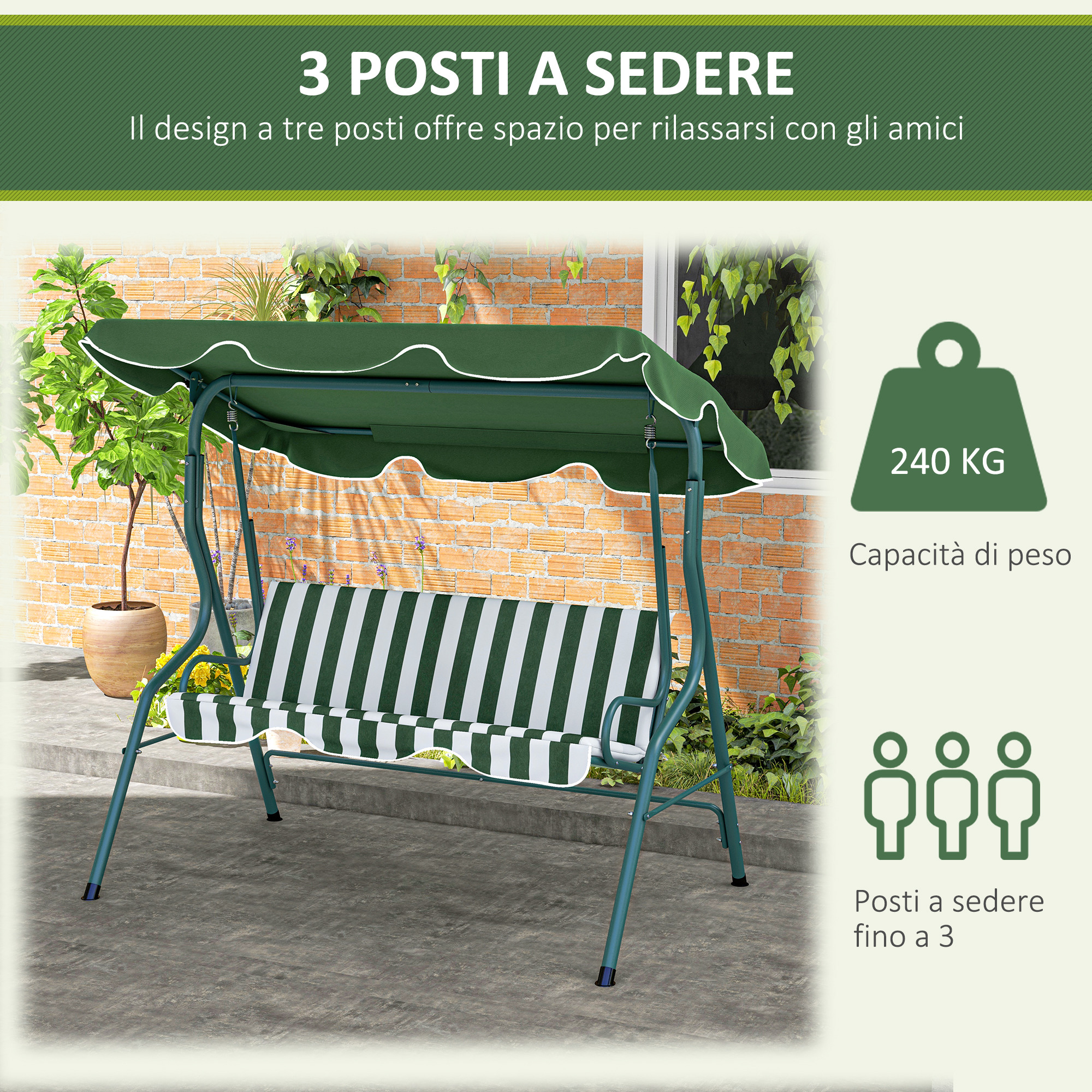 Un dondolo verde a 3 posti con seduta a righe davanti a un muro di mattoni.