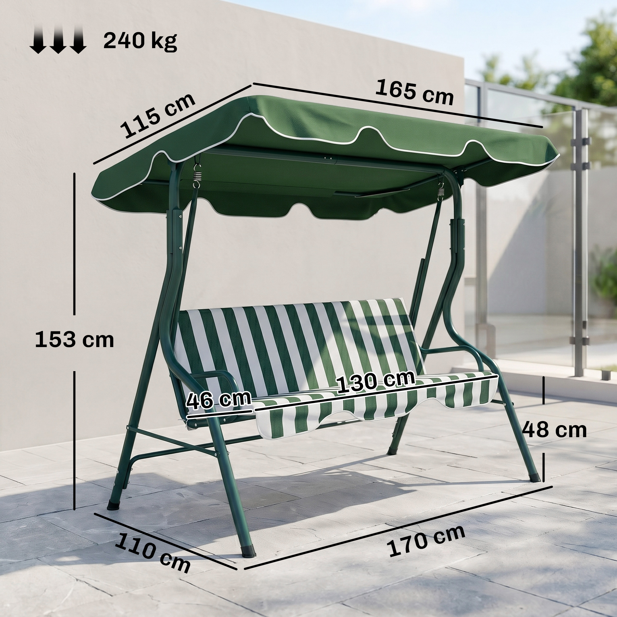 Panca da giardino verde a strisce bianche e verdi, dimensioni indicate.