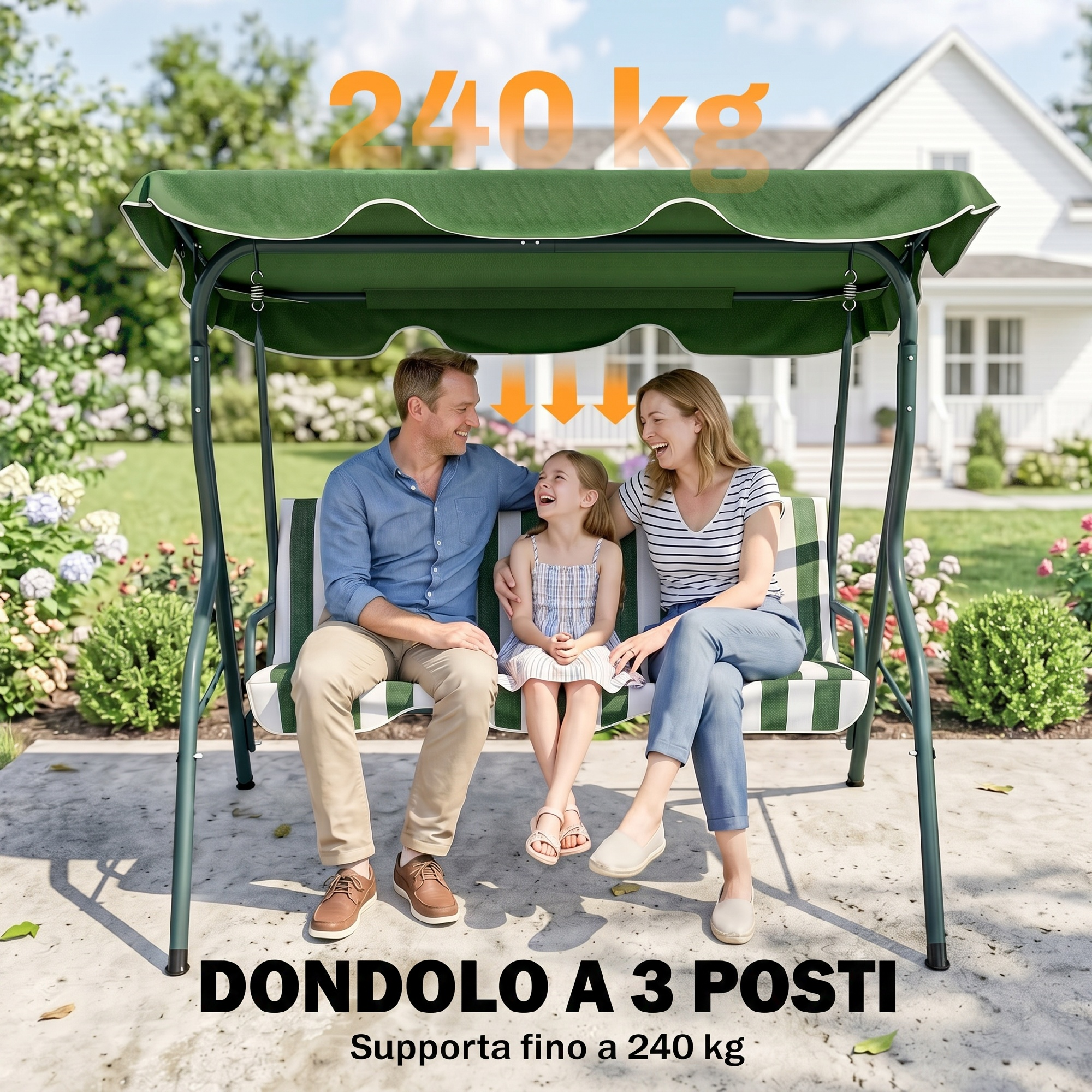 Famiglia su un'altalena verde a 3 posti davanti a una casa.